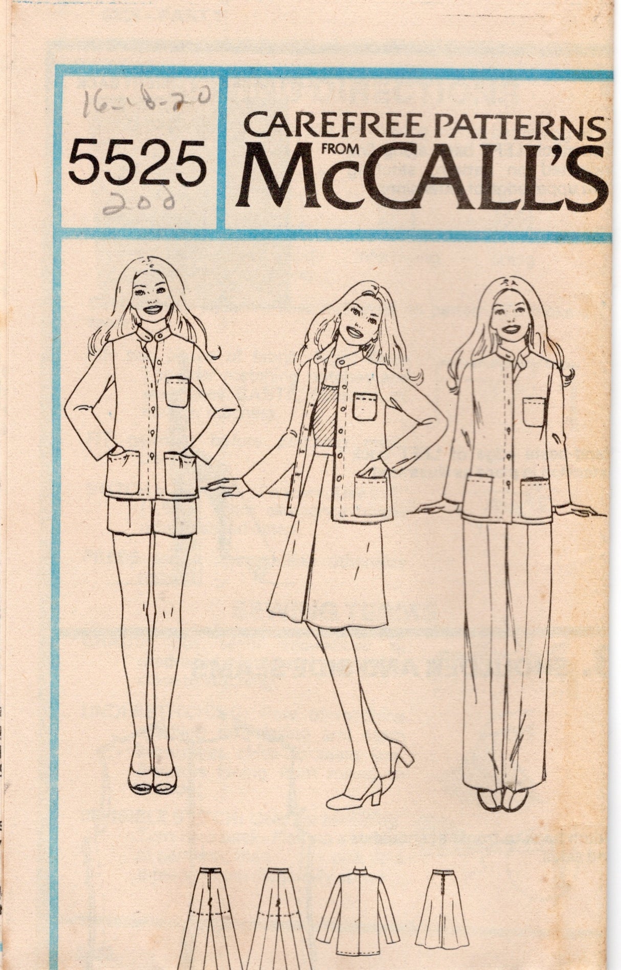 1970's McCall's Unlined Jacket, Shorts, Pants and Bias Skirt pattern - Bust 31.5-42" - no. 5525