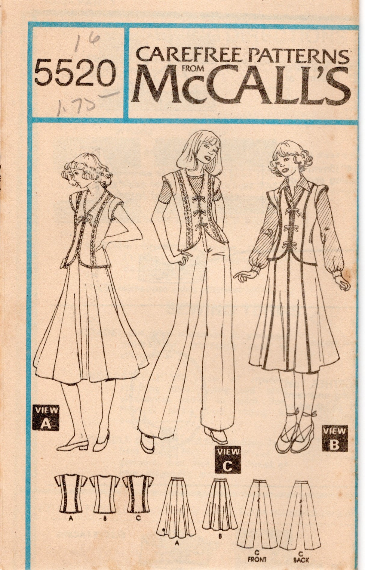 1970's McCall's Tie Front Top, Gored Skirt and Pants pattern - Bust 31.5-38" - no. 5520