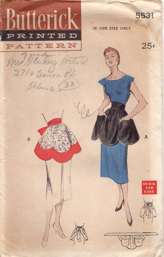 1950's Butterick Half Apron Pattern with Pocket - OS - No. 5531