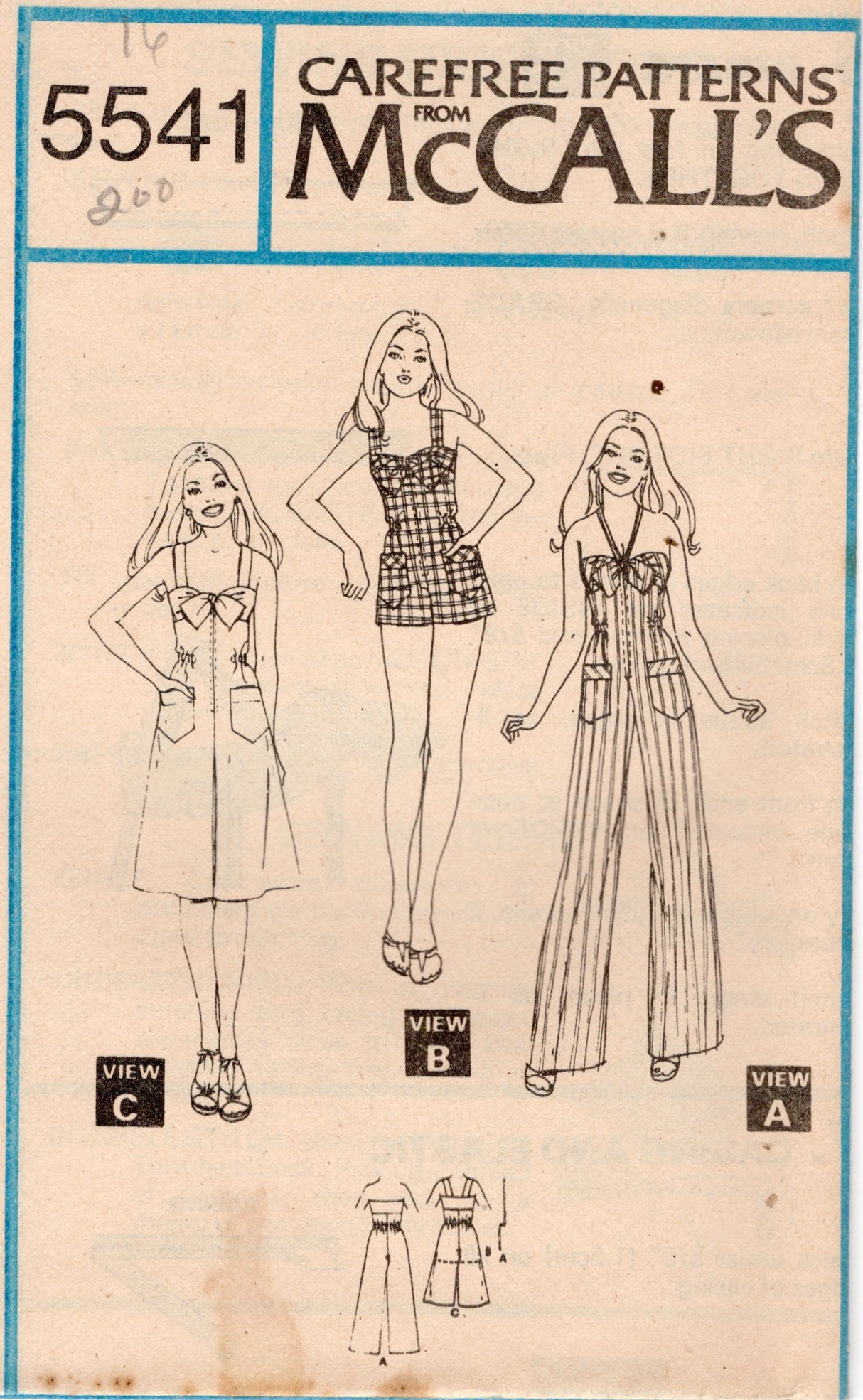 1970's McCall's Marlo's Corner Bow Accent Dress, Romper or Jumpsuit pattern - Bust 31.5-38" - no. 5541