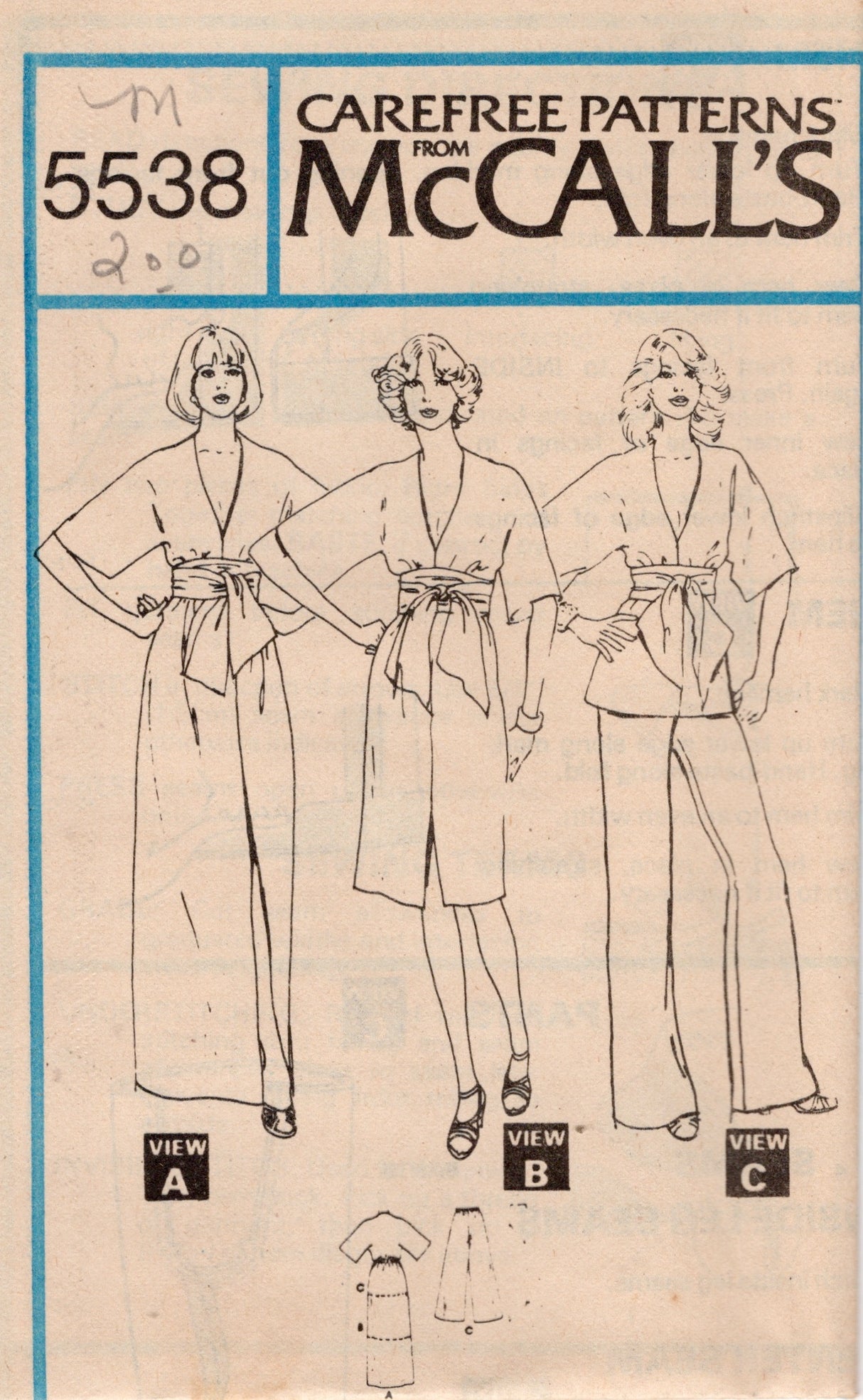 1970's McCall's HALSTON Dress, Top and Pants pattern - Bust 30.5-38" - no. 5538