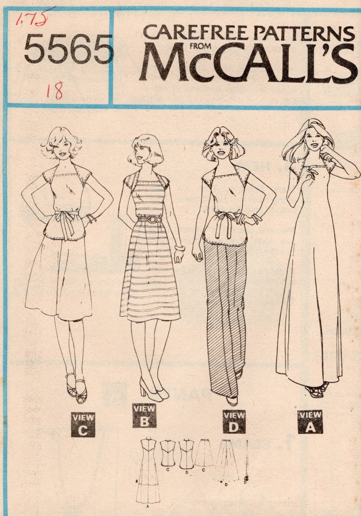 1970's McCall's Dress or Top, Skirt and Pants pattern - Bust 32.5-40" - no. 5565