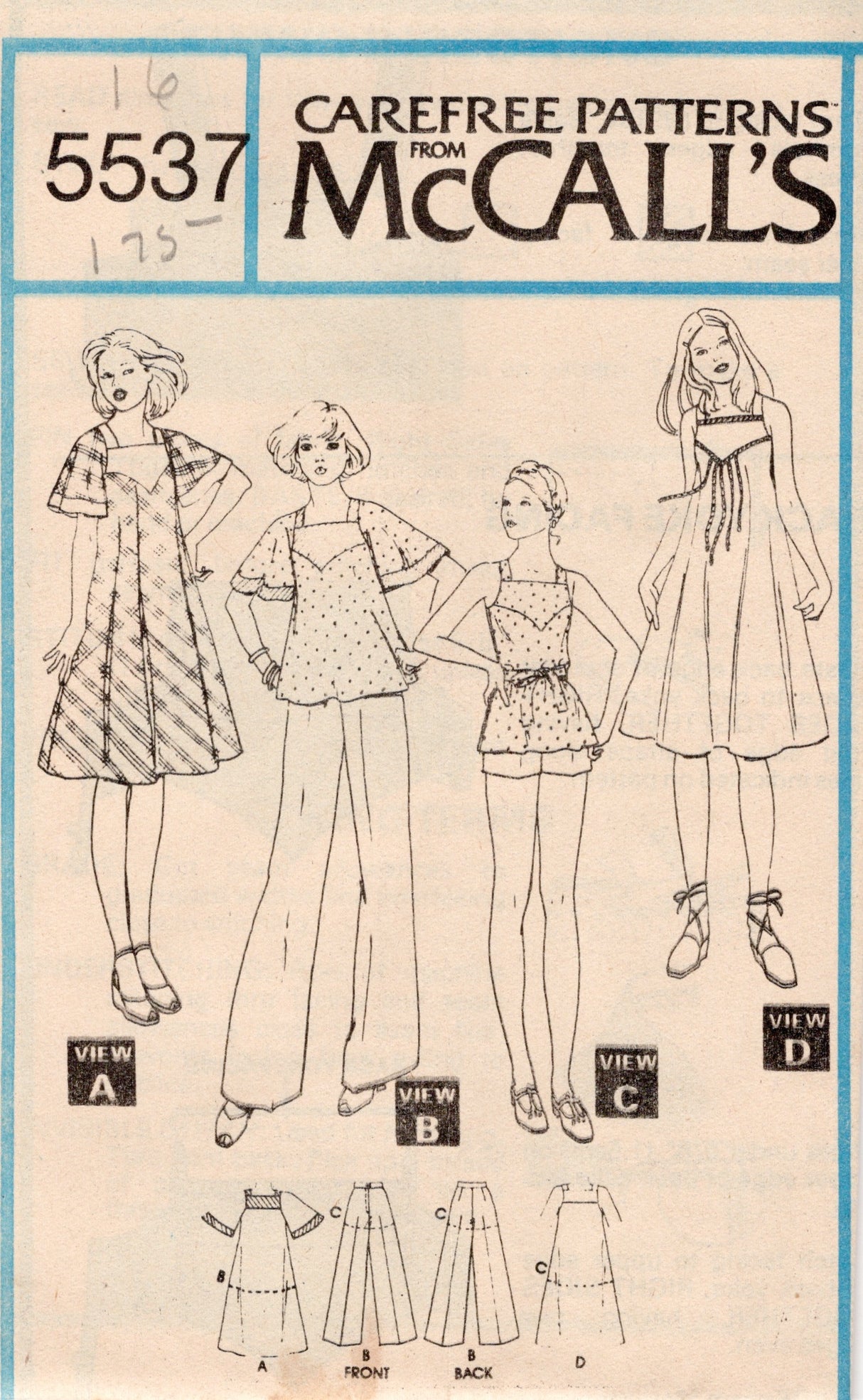 1970's McCall's Yoked Dress, or Top and Pants or Shorts pattern - Bust 31.5-38" - no. 5537