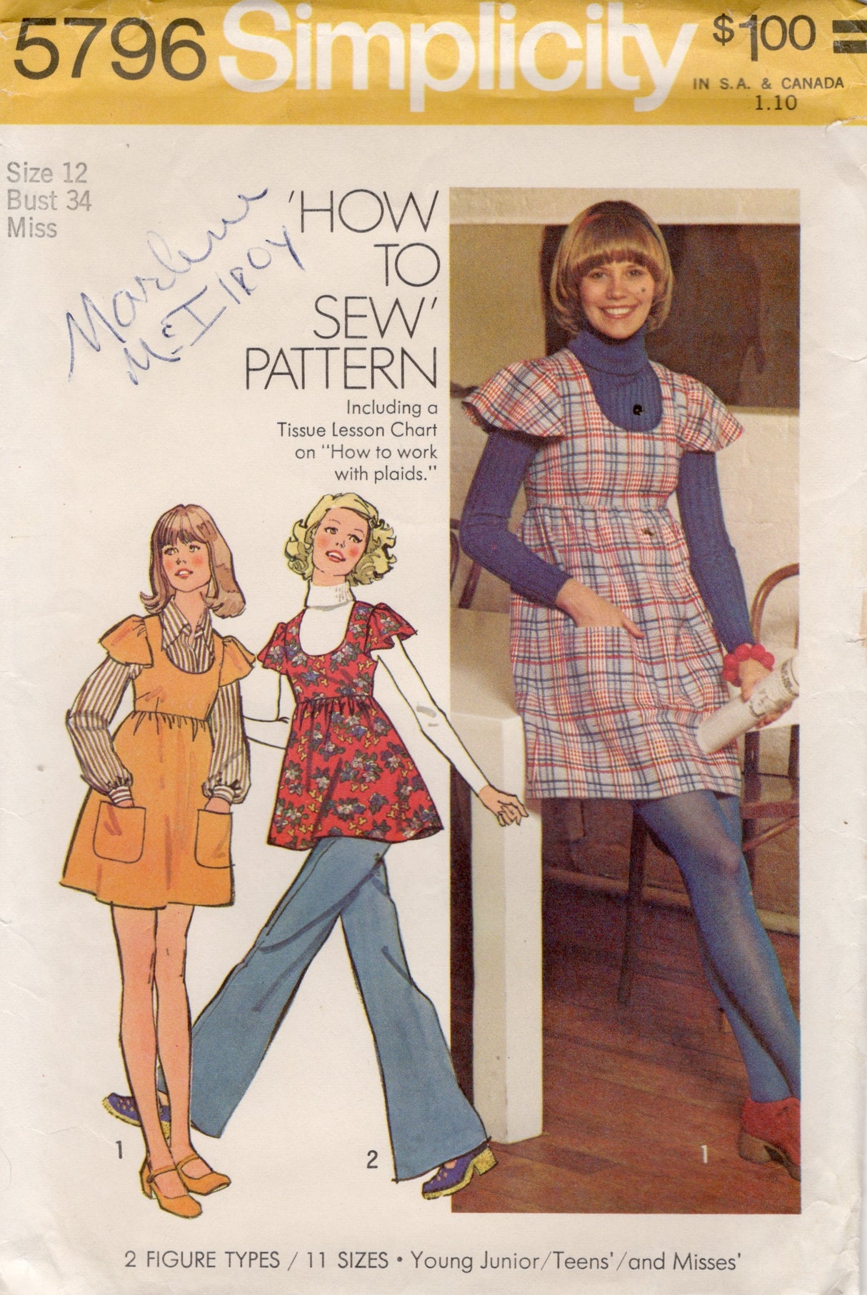 1970's Simplicity Scoop Neck Jumper or Tunic Pattern - Bust 34" - No. 5796