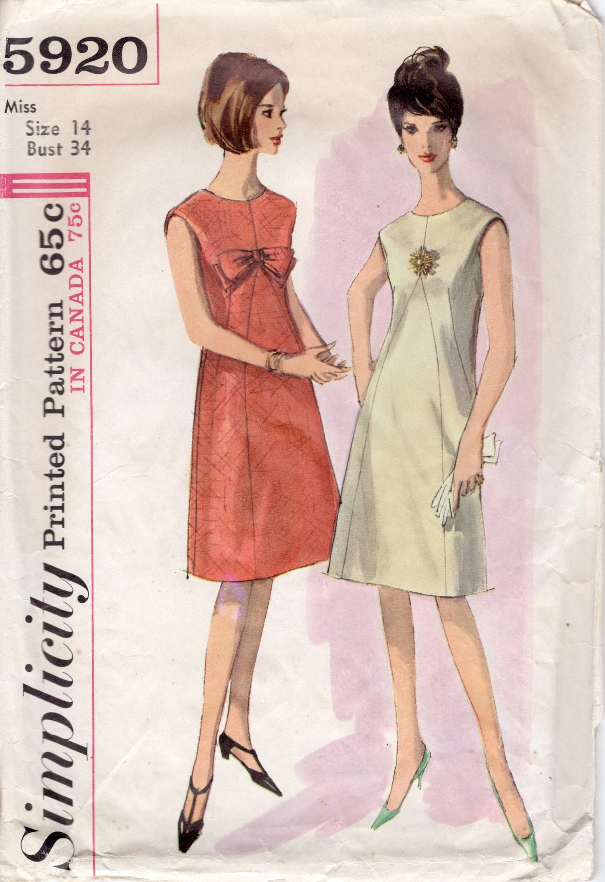 1960's Simplicity A-Line Dress Pattern with Shaped Insert and Bow detail - Bust 34" - No. 5920