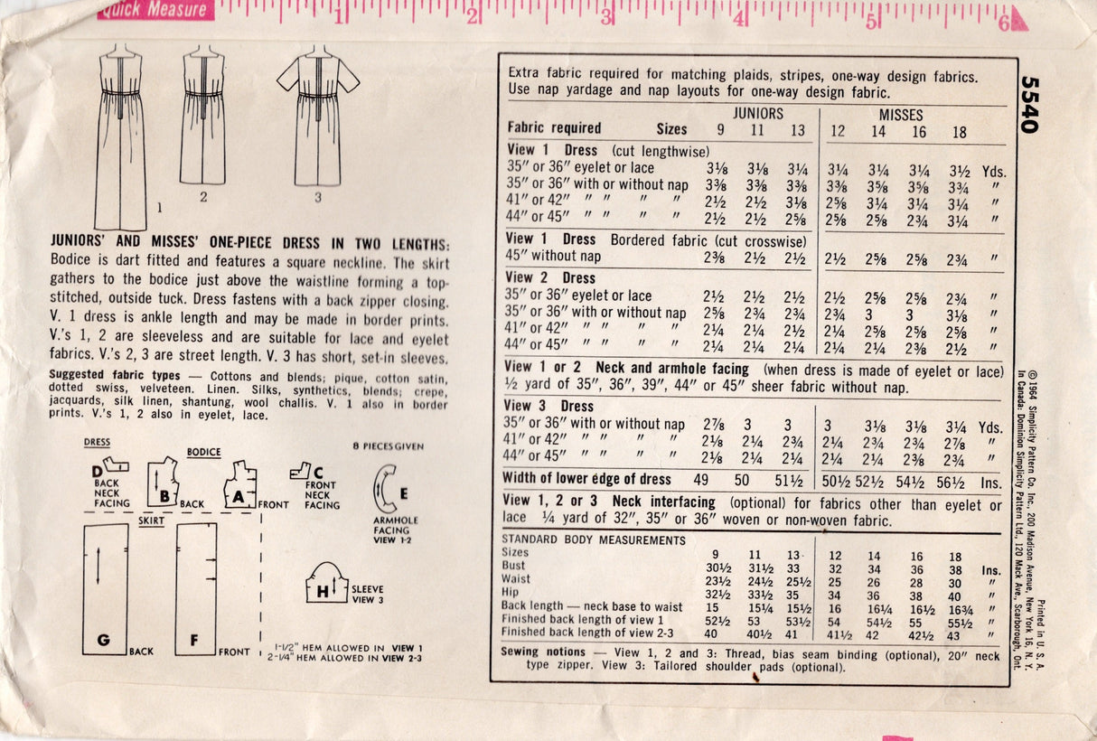 1960's Simplicity Empire Waist Baby Doll Midi or Maxi Dress Pattern - Bust 34" - No. 5540