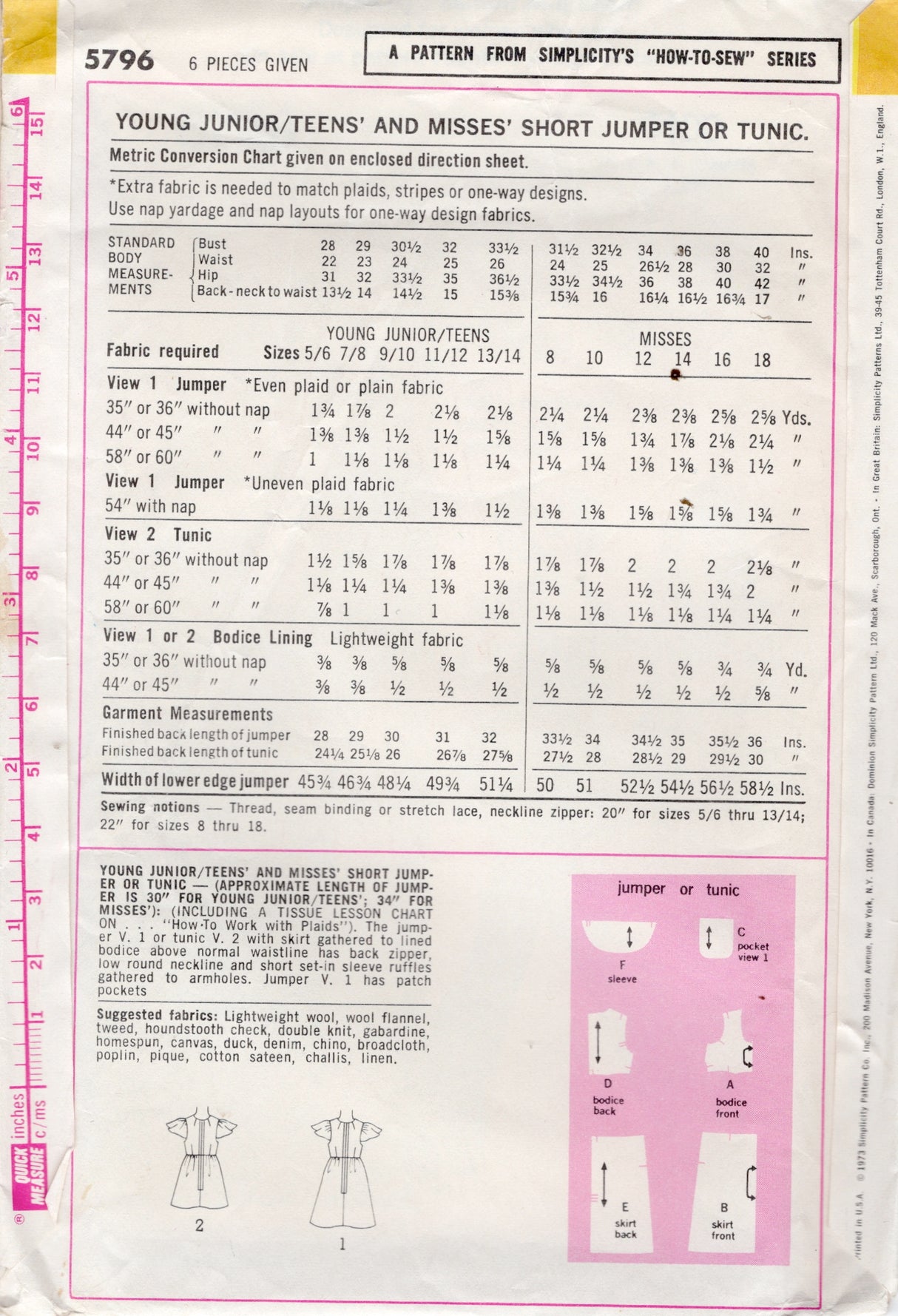 1970's Simplicity Scoop Neck Jumper or Tunic Pattern - Bust 34" - No. 5796