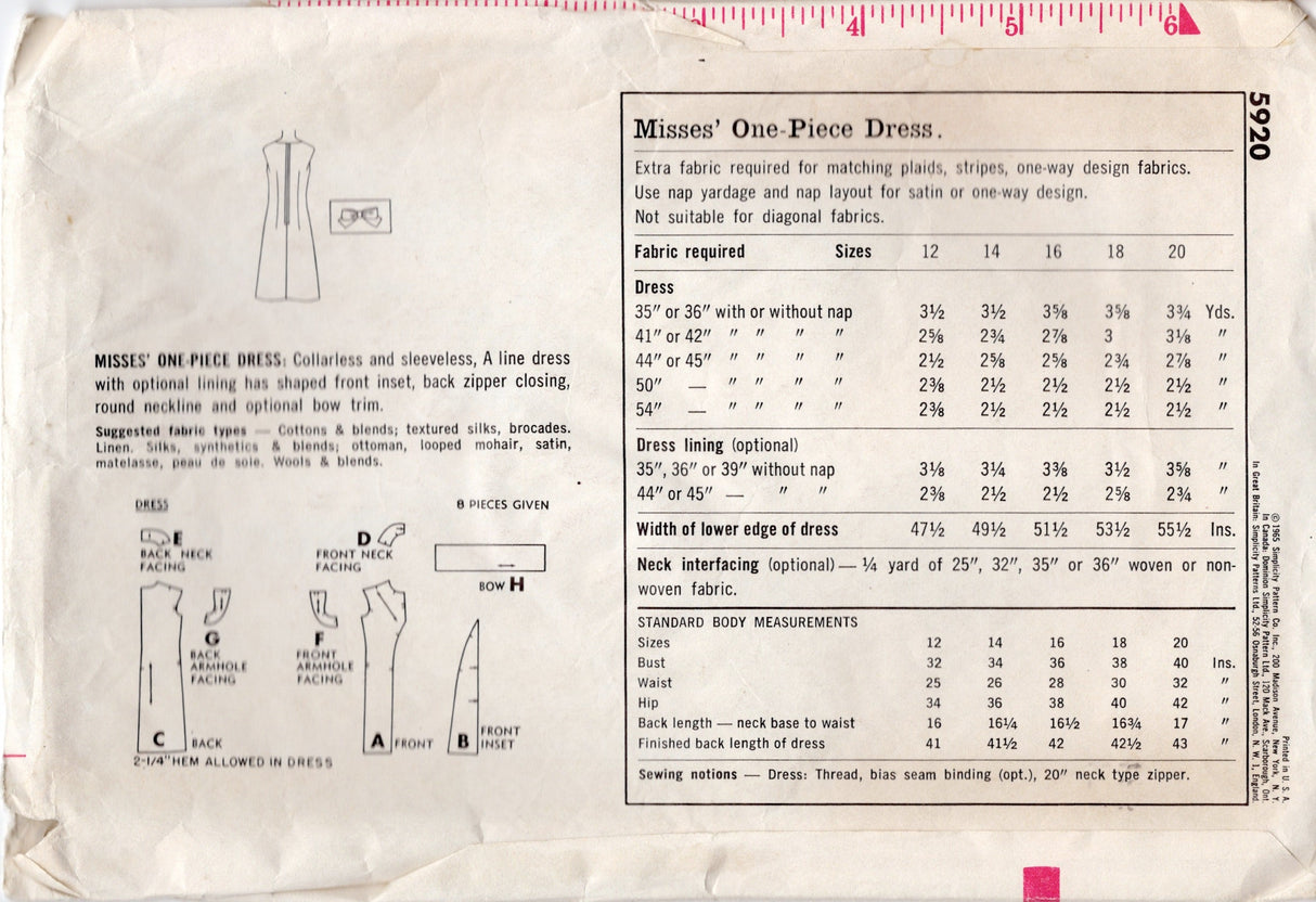 1960's Simplicity A-Line Dress Pattern with Shaped Insert and Bow detail - Bust 34" - No. 5920