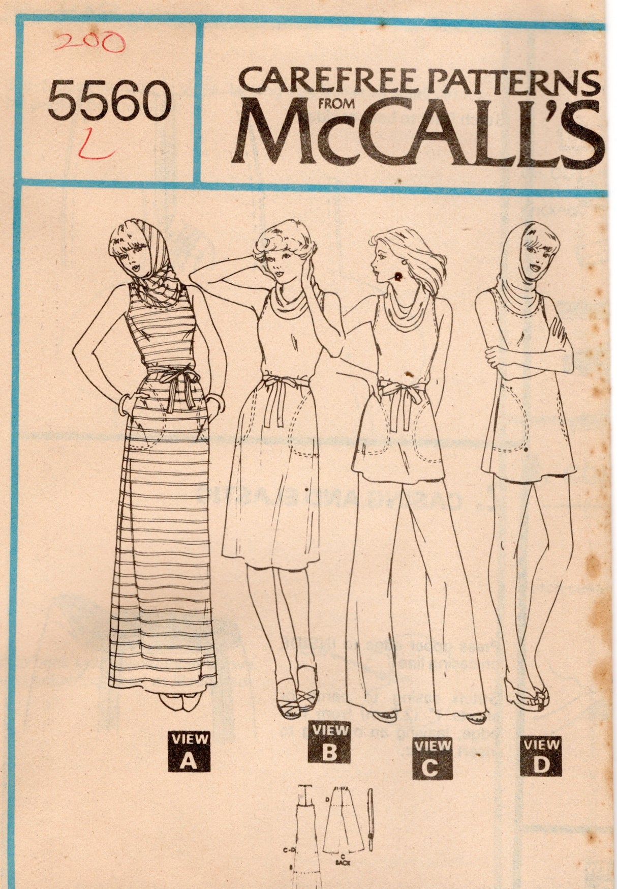 1970's McCall's Dress or Top, Pant or Shorts Pattern with Cowl as Hood - Bust 30.5-38" - no. 5560