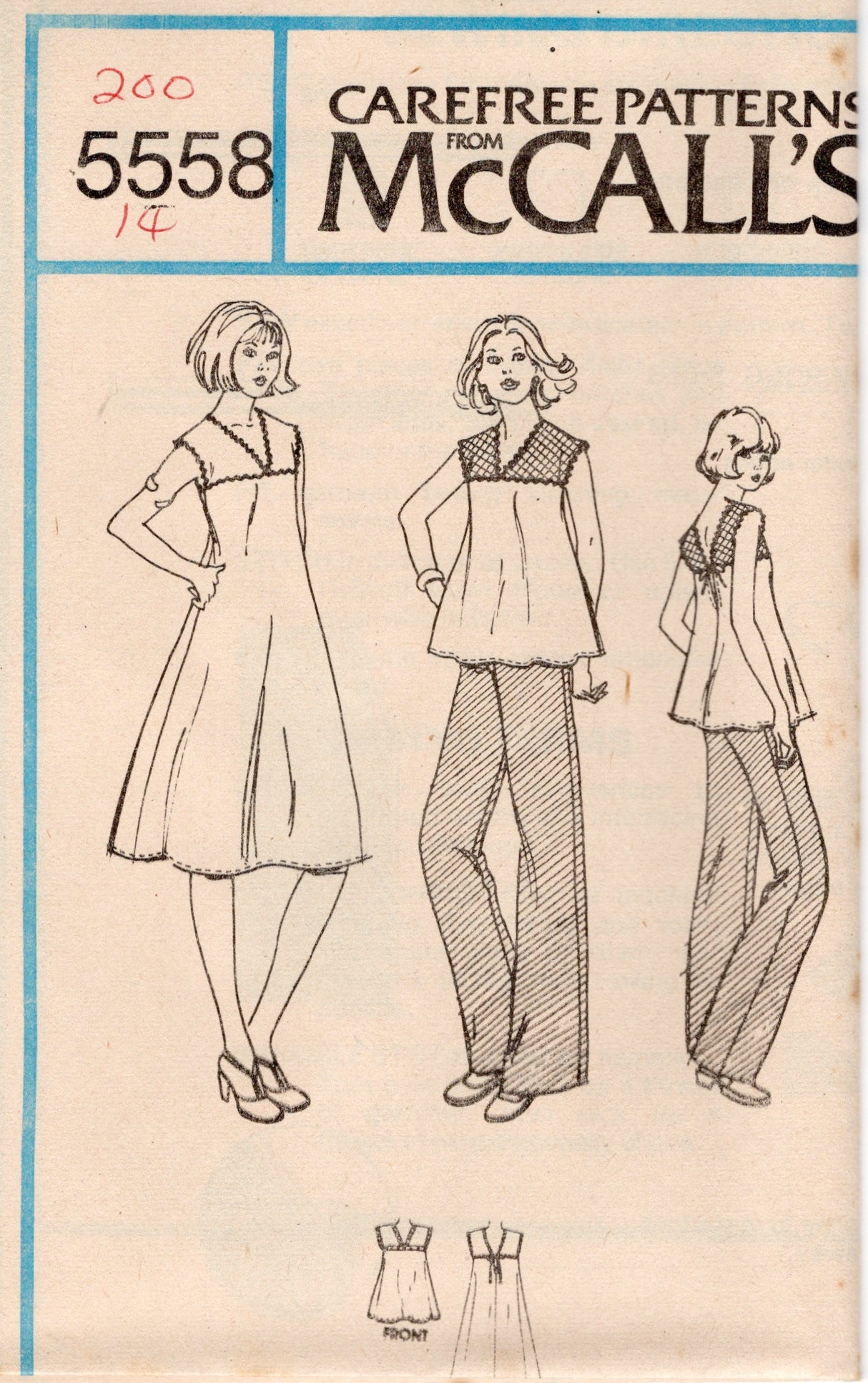 1970's McCall's PJ Jones Yoked Top or Dress Pattern - Bust 31.5-36" - no. 5558