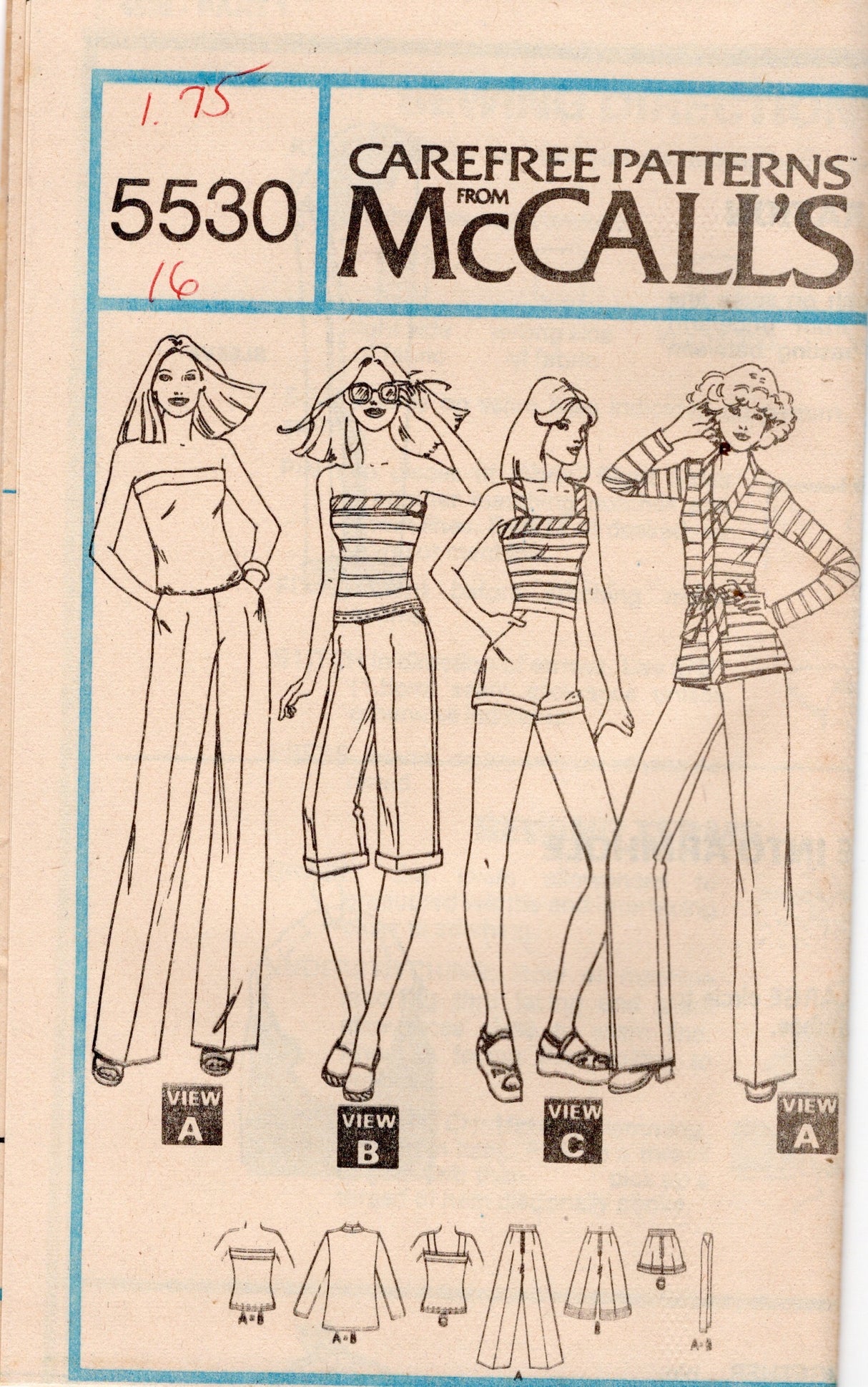 1970's McCall's Unlined Jacket, Top and Pants, Clam Diggers or Shorts pattern - Bust 32.5-38" - no. 5530
