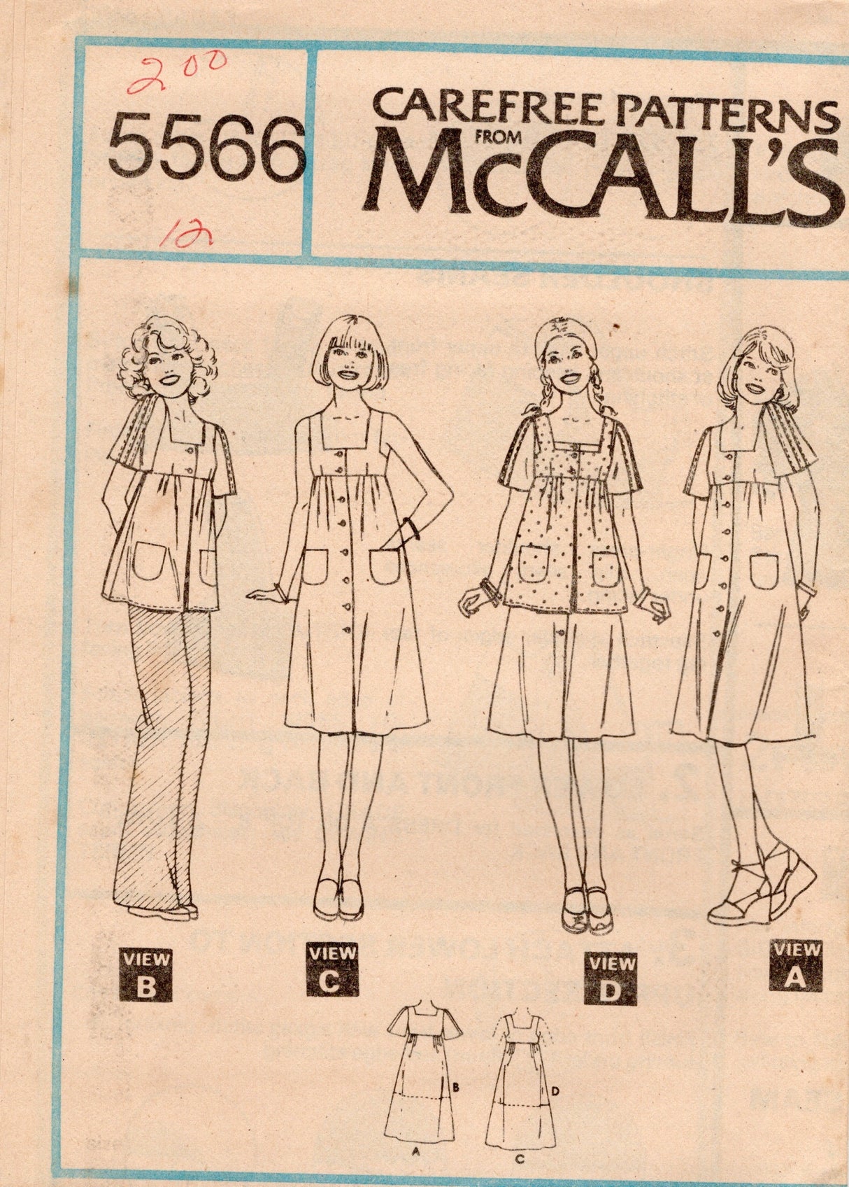 1970's McCall's Button Up Dress and Top with Square Neckline and pockets pattern - Bust 31-34" - no. 5566