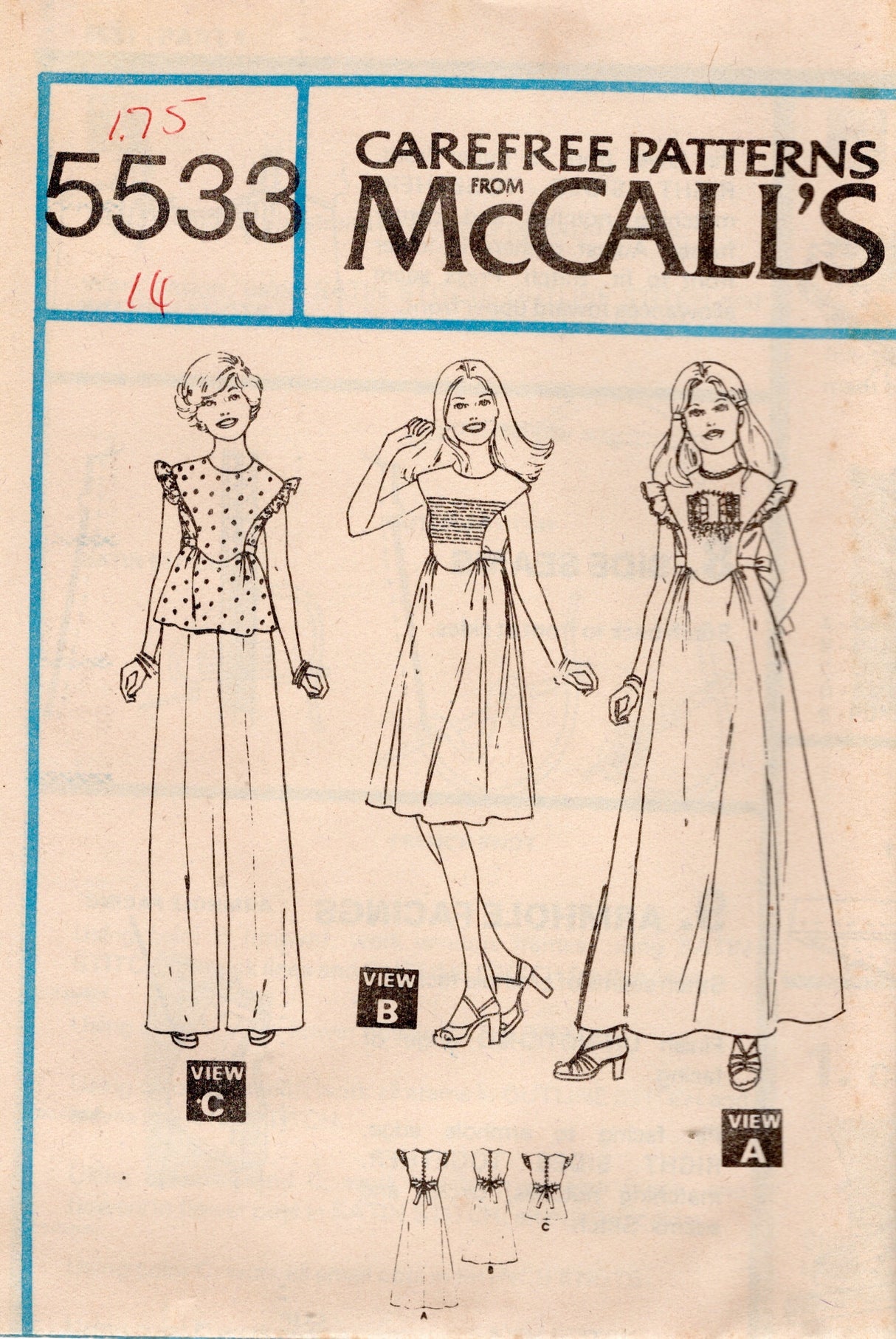 1970's McCall's Dress or Top with Blue Transfer for Embroidery pattern - Bust 29-36" - no. 5533
