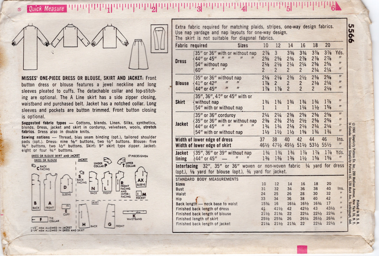 1960's Simplicity Button Up Dress, Blouse, Skirt and Jacket - Bust 38" - No. 5566