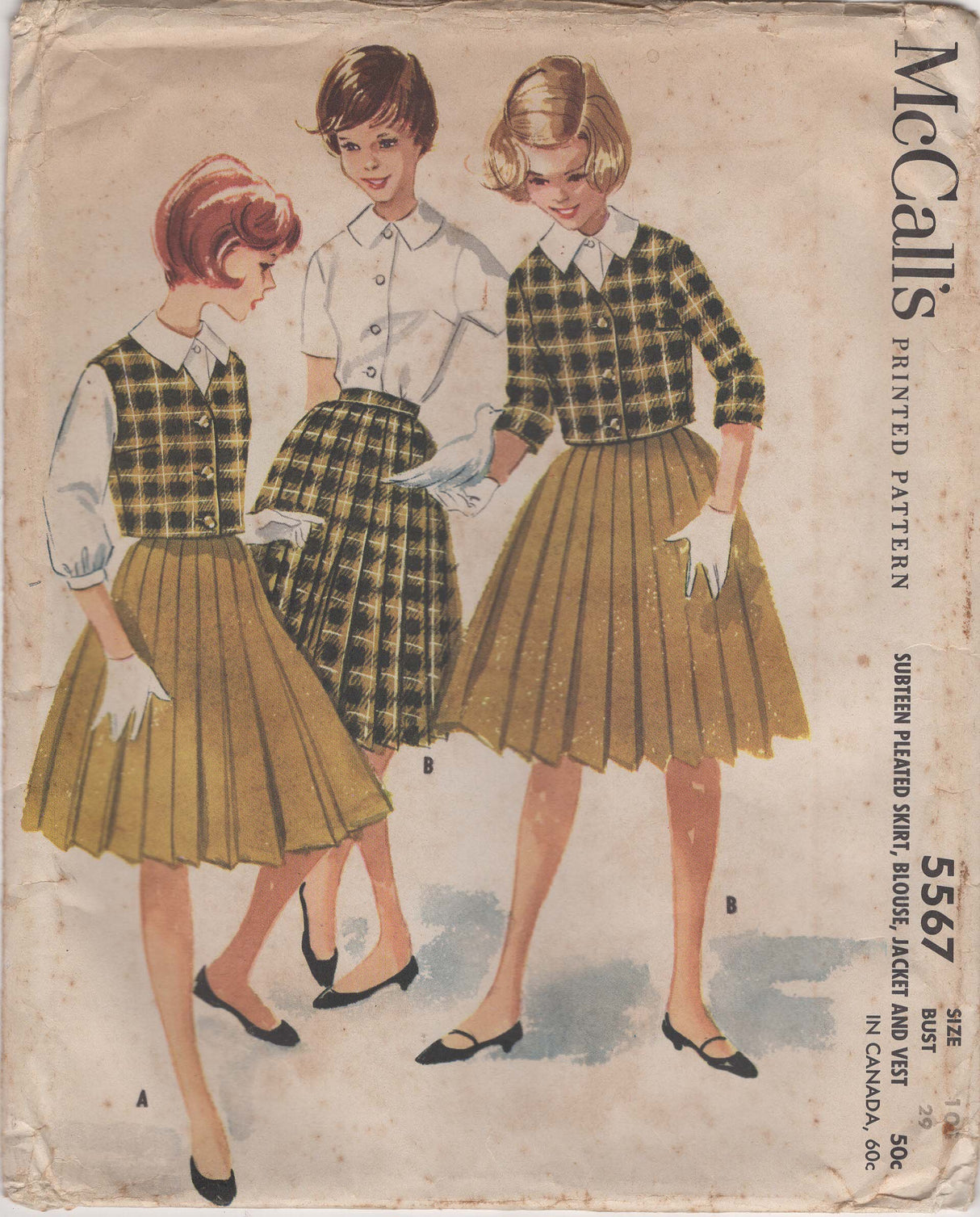 1960's McCall's Sub-Teen Pleated Skirt, Blouse, Jacket and Vest - Chest 29" - No. 5567