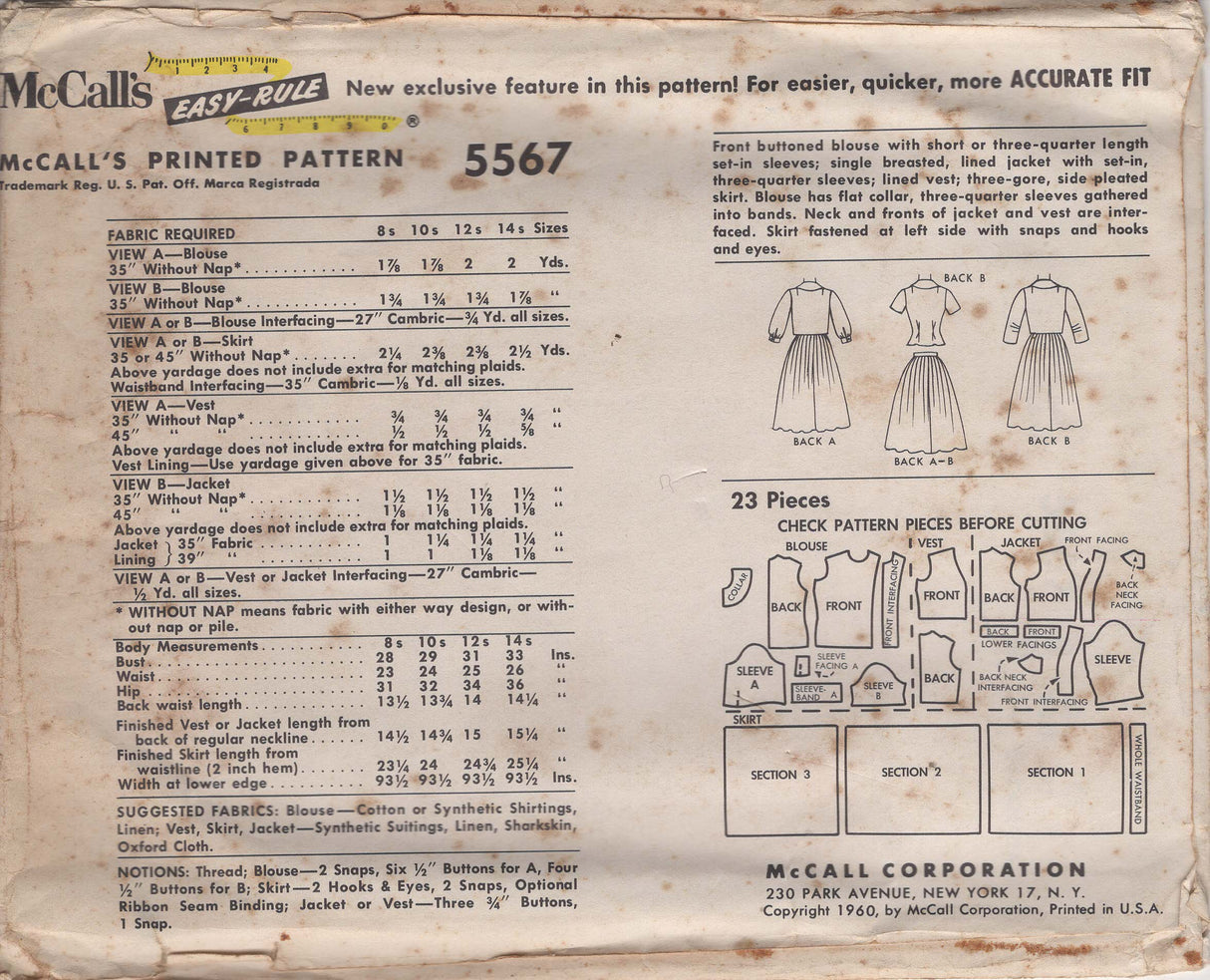 1960's McCall's Sub-Teen Pleated Skirt, Blouse, Jacket and Vest - Chest 29" - No. 5567