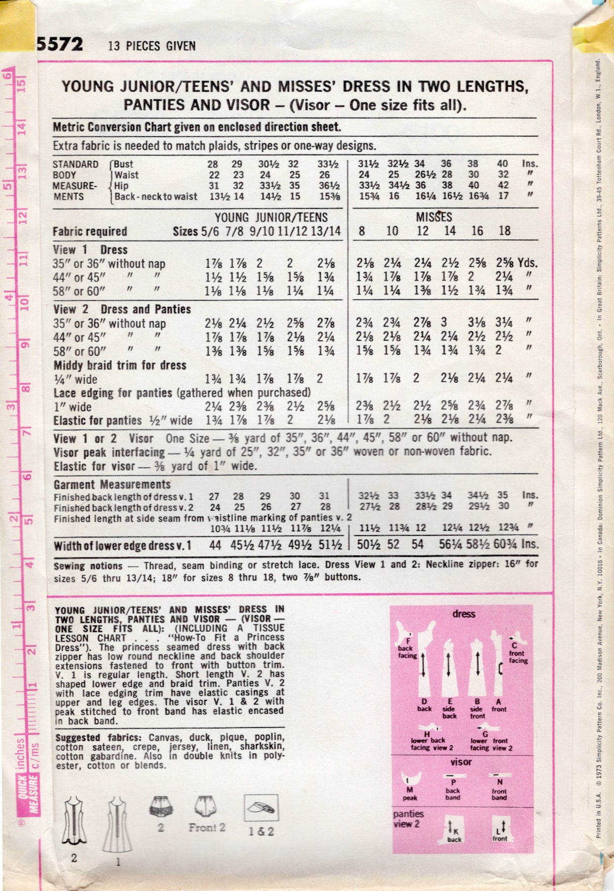 1970's Simplicity Tennis Dress, Visor and Panties Pattern - Bust 34" - No. 5572