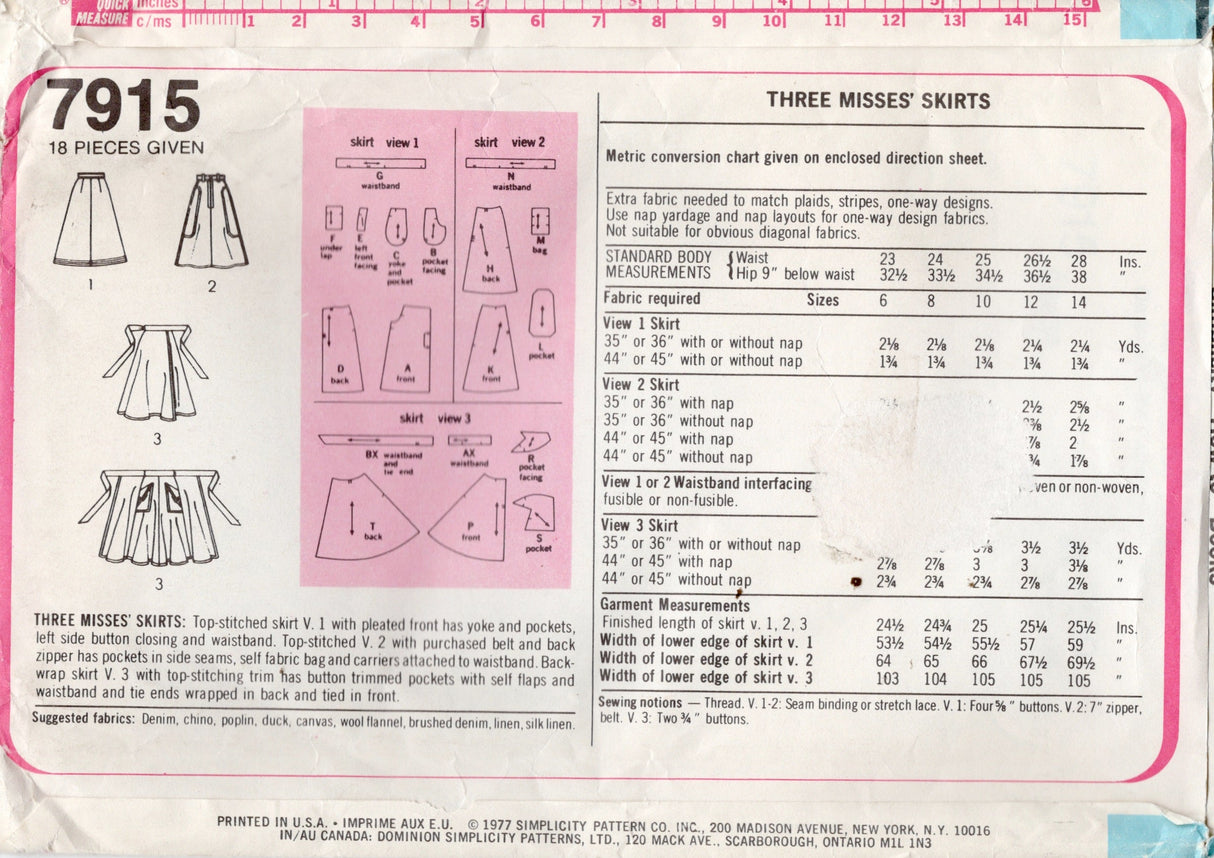 1970's Simplicity A-line, Flared and Wrap Skirt Pattern - Waist 28" - No. 7915