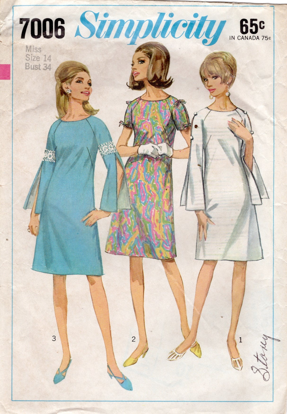 1960's Simplicity Raglan Split Sleeve Dress Pattern - Bust 34" - No. 7006