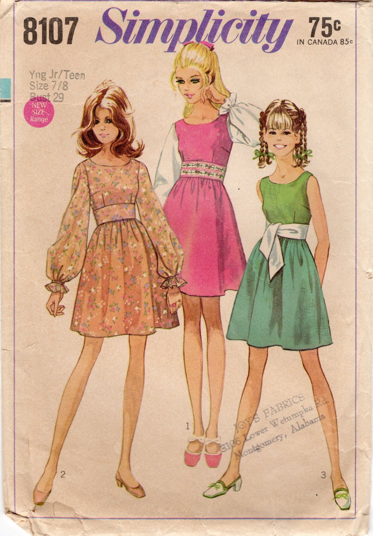 1960's Simplicity Junior's Fitted Waist Dress Pattern with Full Sleeves - Bust 29" - No. 8107