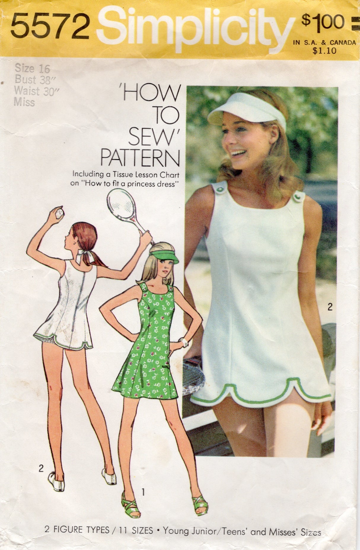 1970's Simplicity Tennis Dress, Visor and Panties Pattern - Bust 38" - No. 5572