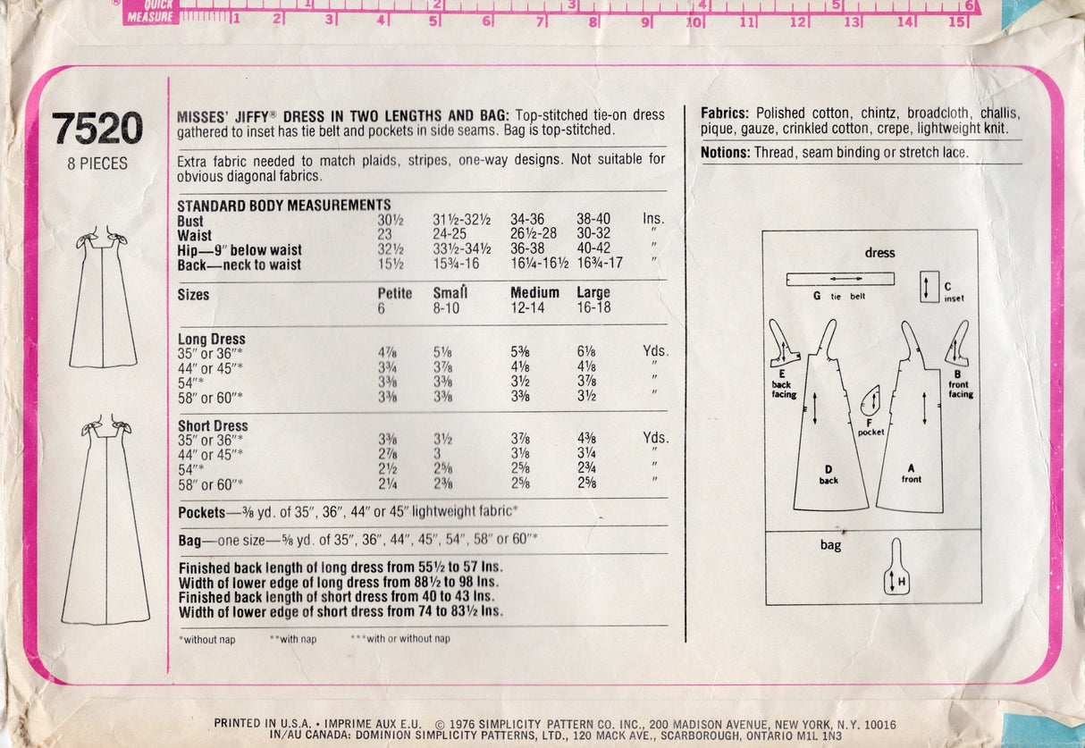 1970's Simplicity Jiffy Muu-muu Dress Pattern - Bust 31.5-32.5" - No. 7520