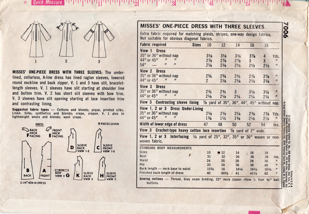1960's Simplicity Raglan Split Sleeve Dress Pattern - Bust 34" - No. 7006