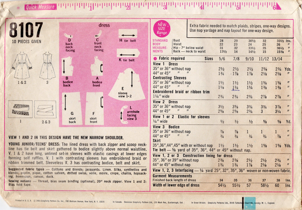 1960's Simplicity Junior's Fitted Waist Dress Pattern with Full Sleeves - Bust 29" - No. 8107