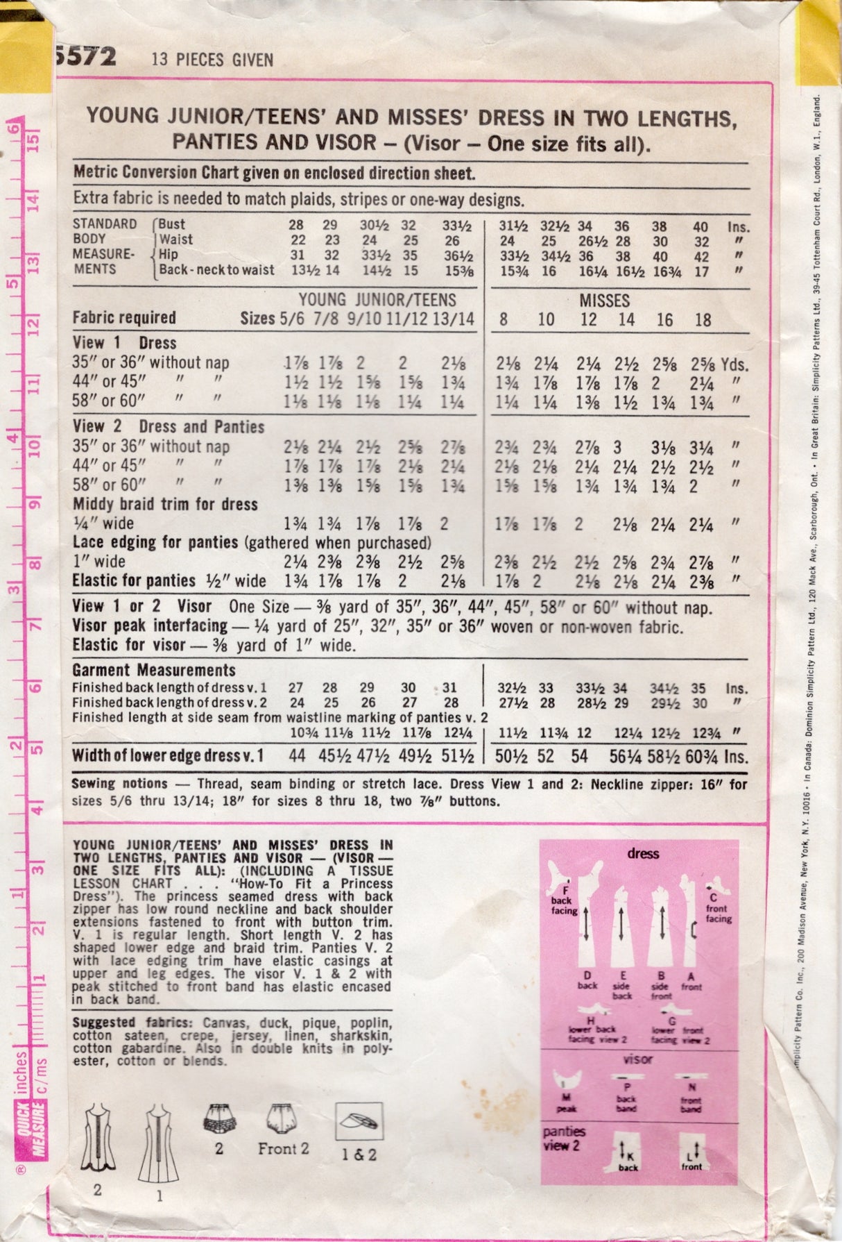 1970's Simplicity Tennis Dress, Visor and Panties Pattern - Bust 38" - No. 5572