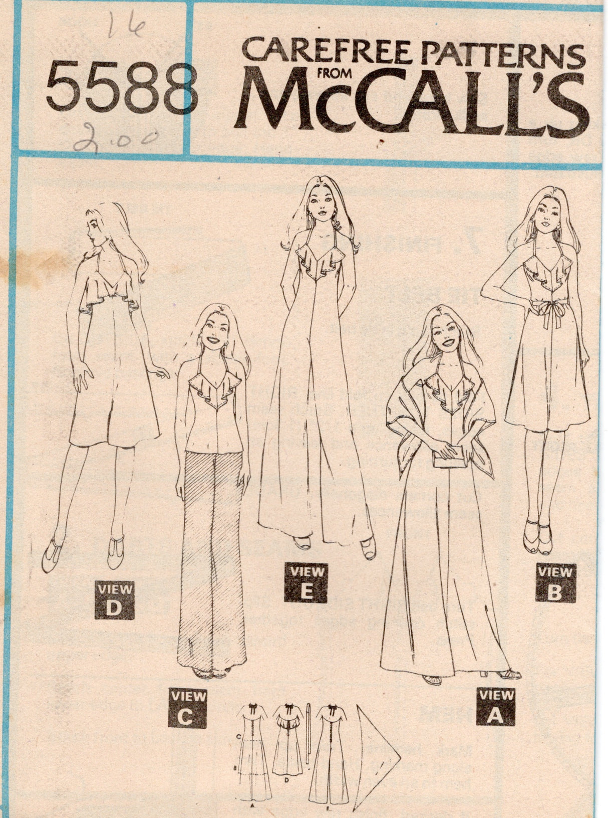 1970's McCall's Draped Collar Jumpsuit, Dress and Romper pattern - Bust 31.5-38" - no. 5588