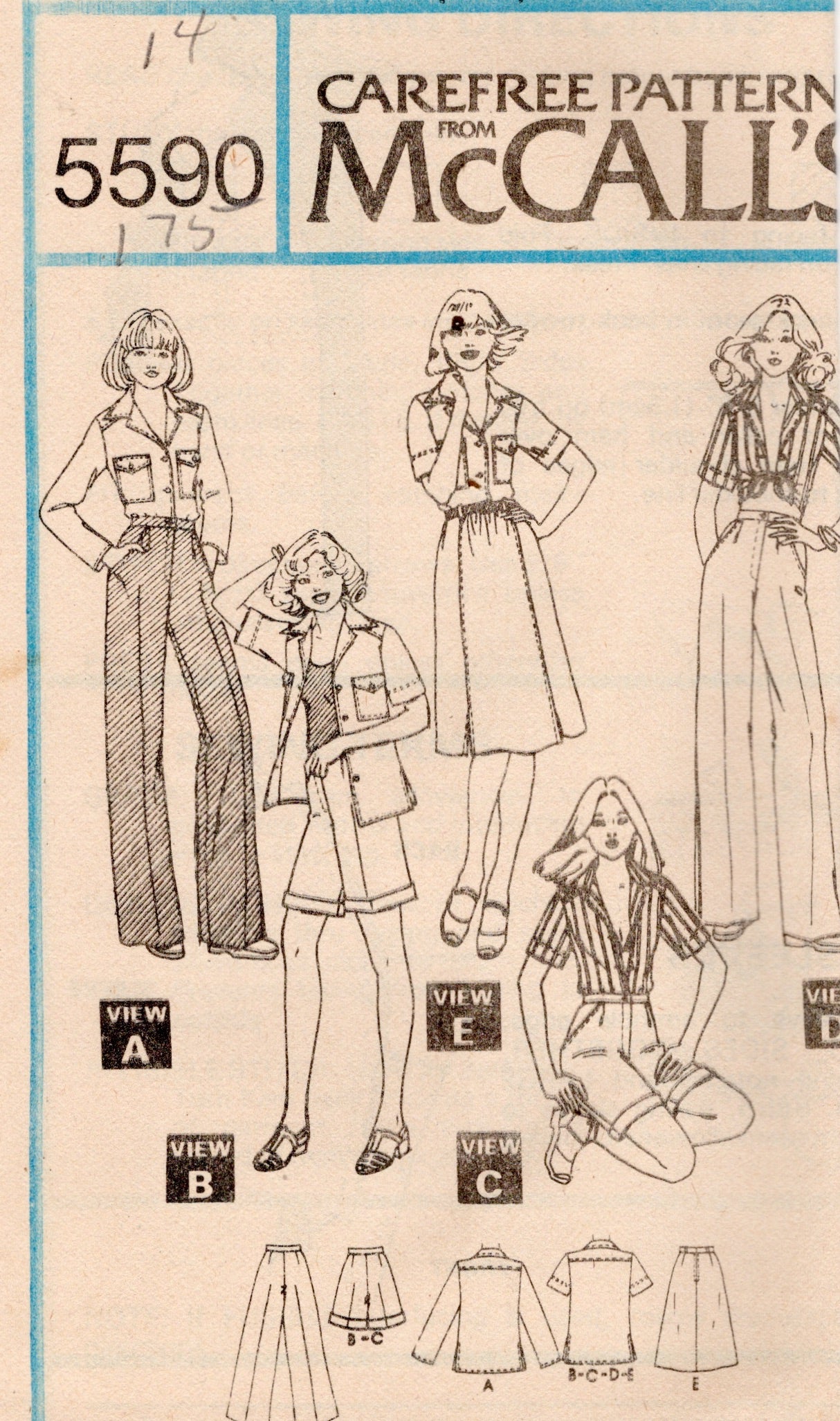 1970's McCall's Button Up or Tie Top, Skirt, Shorts or Pants pattern - Bust 31.5-38" - no. 5590
