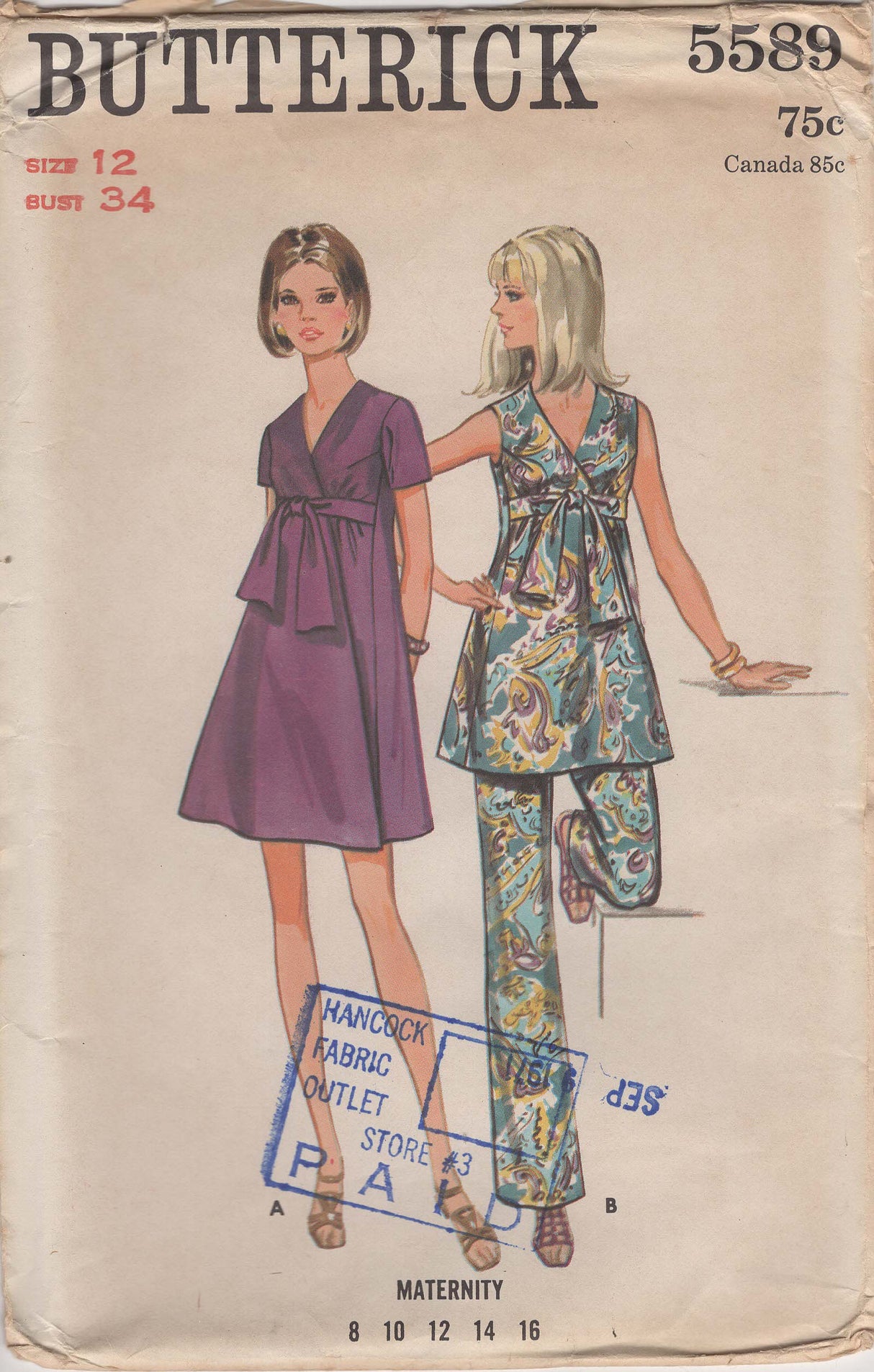 1960's Butterick Maternity Wrap Dress and Pants Pattern – Bust 34” - No.5589