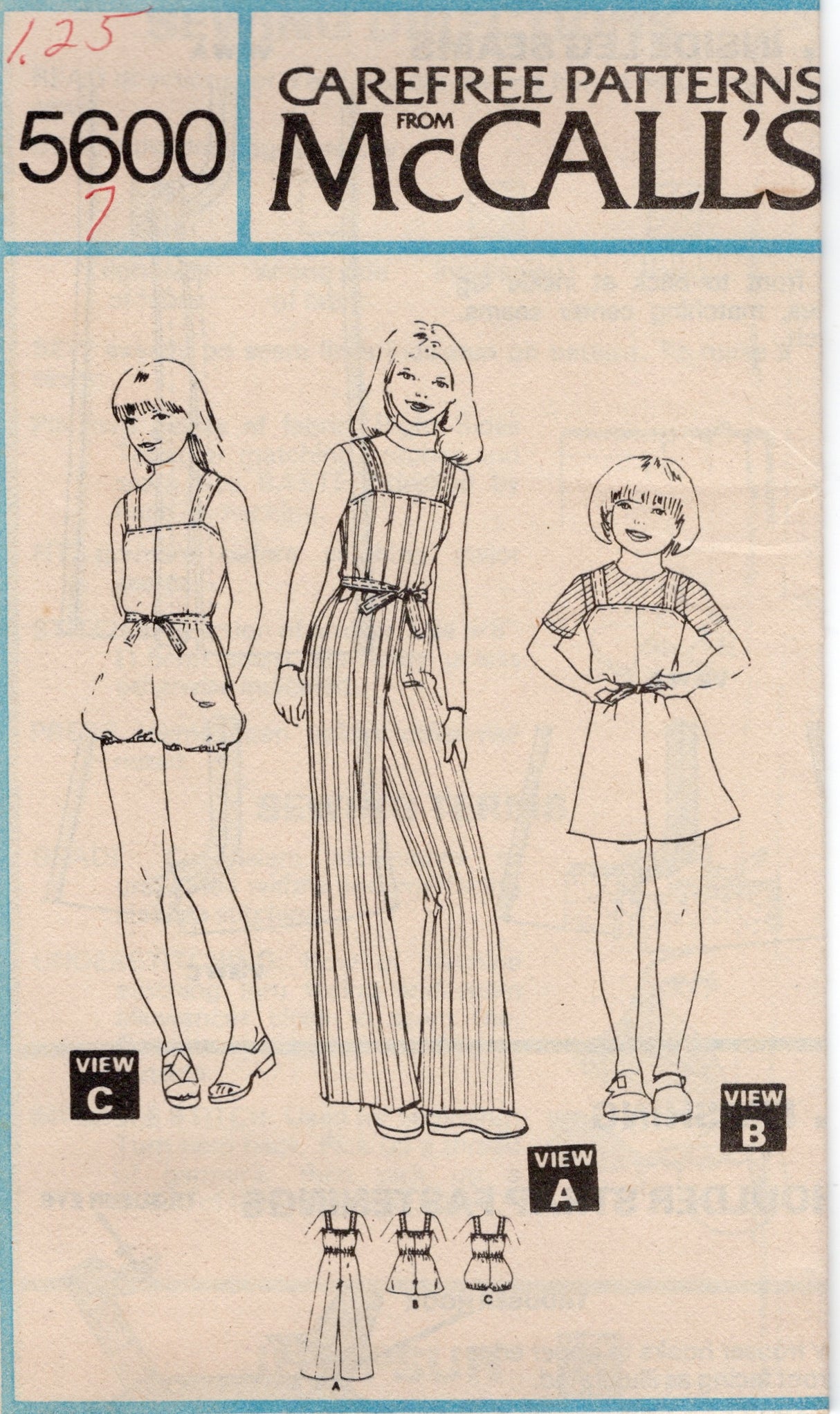 1970's McCall's Child's Jumpsuit, Romper or Playsuit Pattern - Chest 26-32" - No. 5600