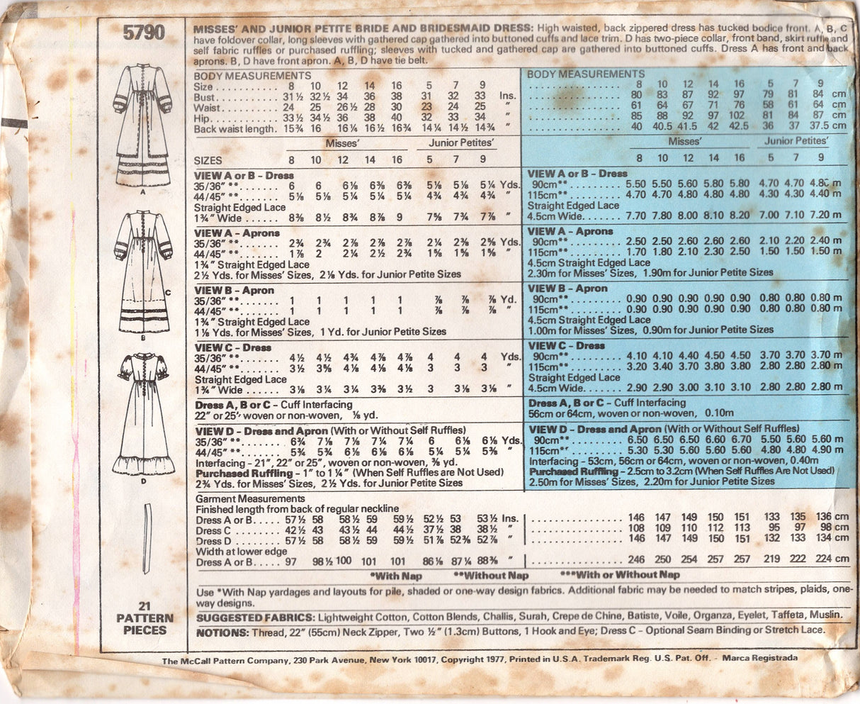 1970's McCall's with Laura Ashley Maxi Dress with Large Sleeves pattern - Bust 31.5-33" - No. 5790