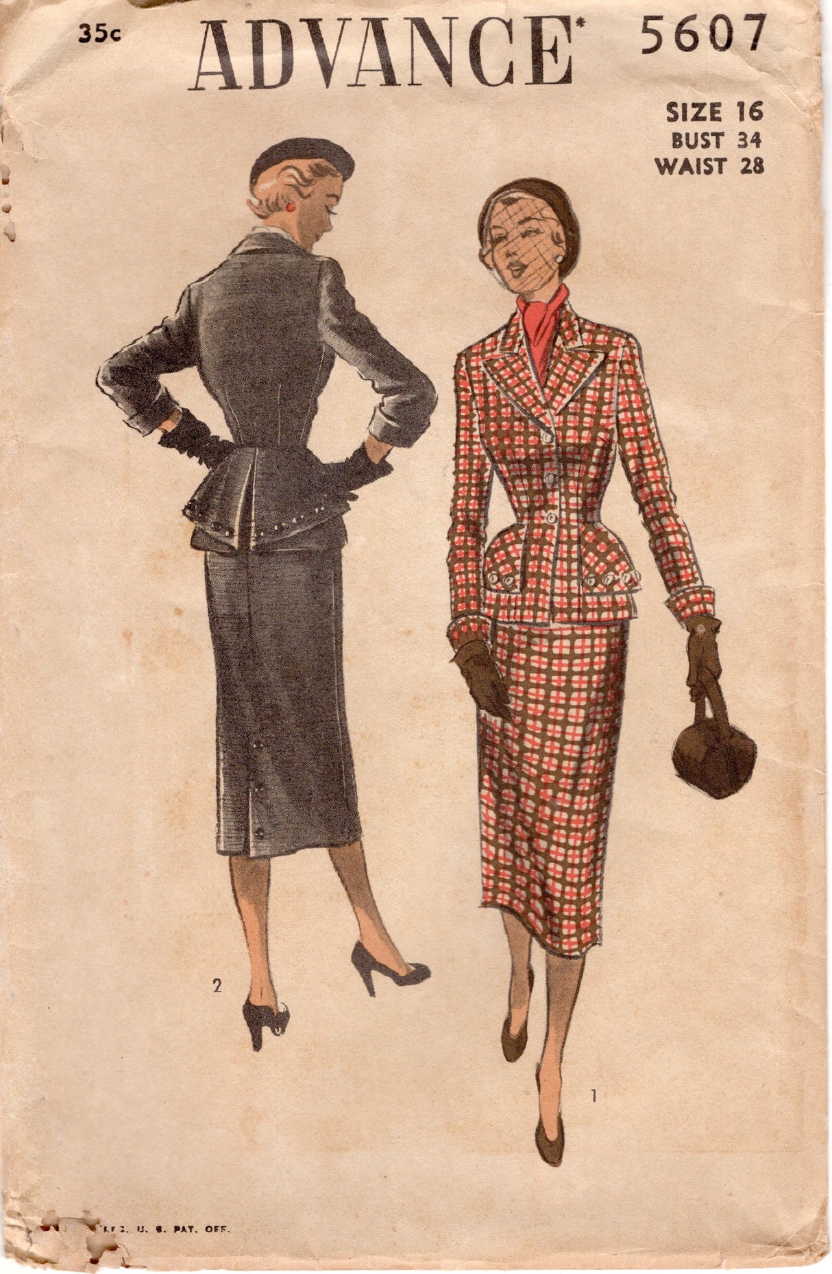 1950's Advance Two Piece Suit Pattern with Draped Peplum and Straight Skirt - Bust 34" - No. 5607