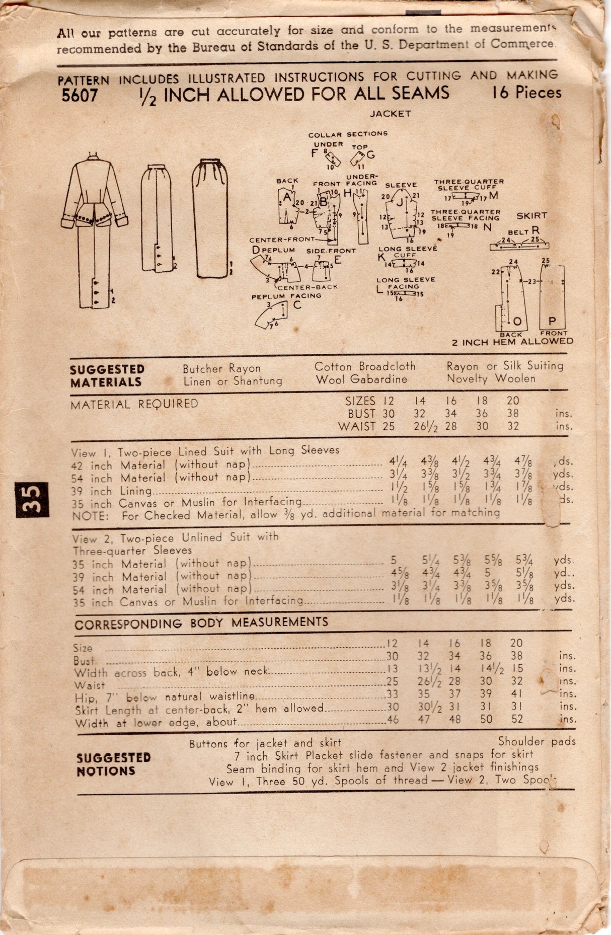 1950's Advance Two Piece Suit Pattern with Draped Peplum and Straight Skirt - Bust 34" - No. 5607
