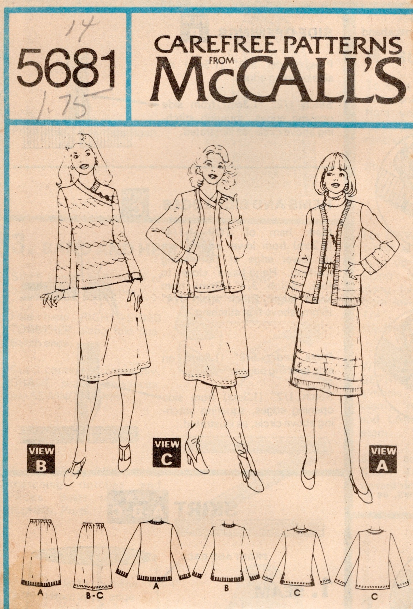 1970's McCall's Cardigan Sweater, Top and Skirt - Bust 30.5-36" - No. 5681