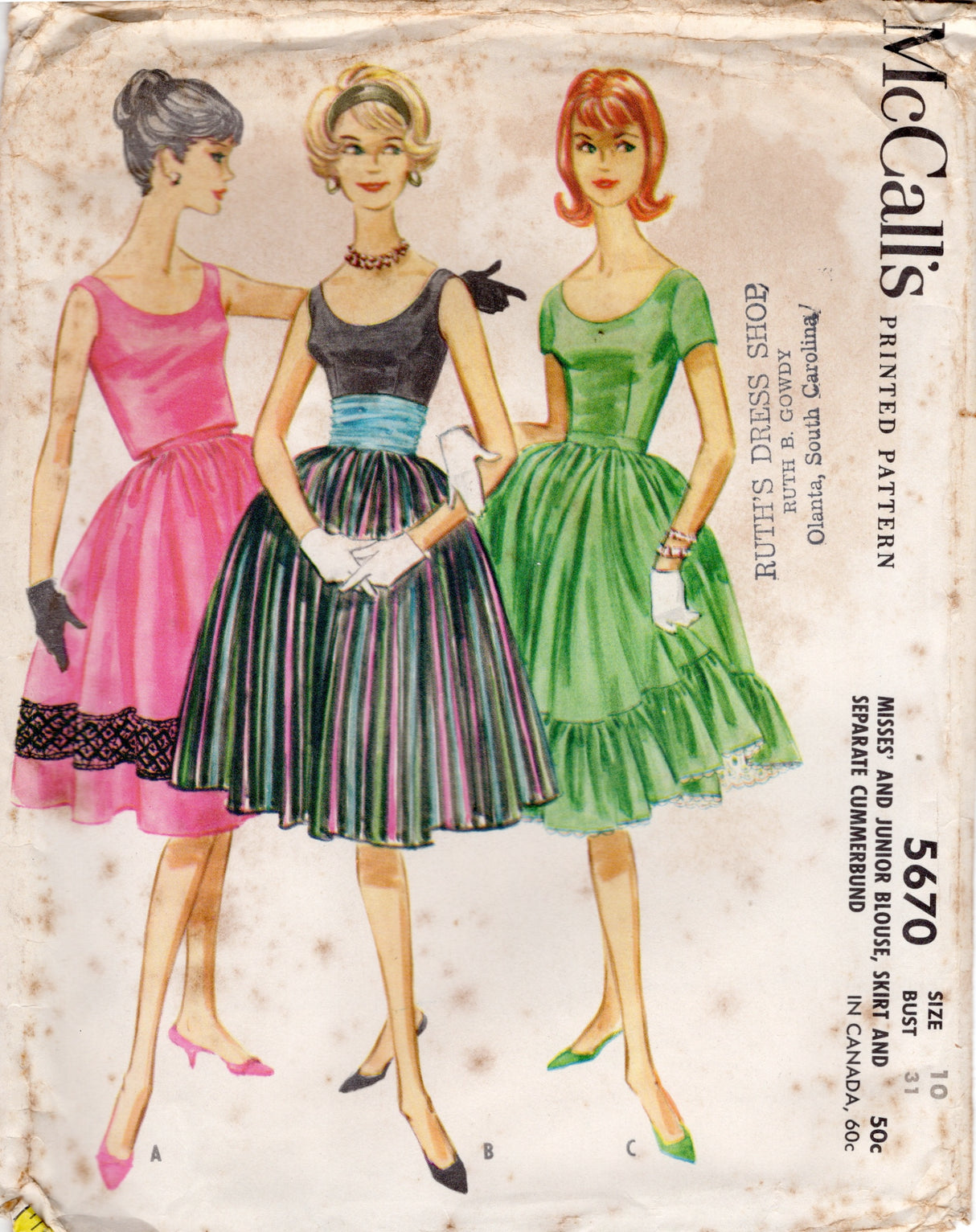 1960's McCall's Blouse, Skirt and Cummerbund Pattern - Bust 31" - No. 5670
