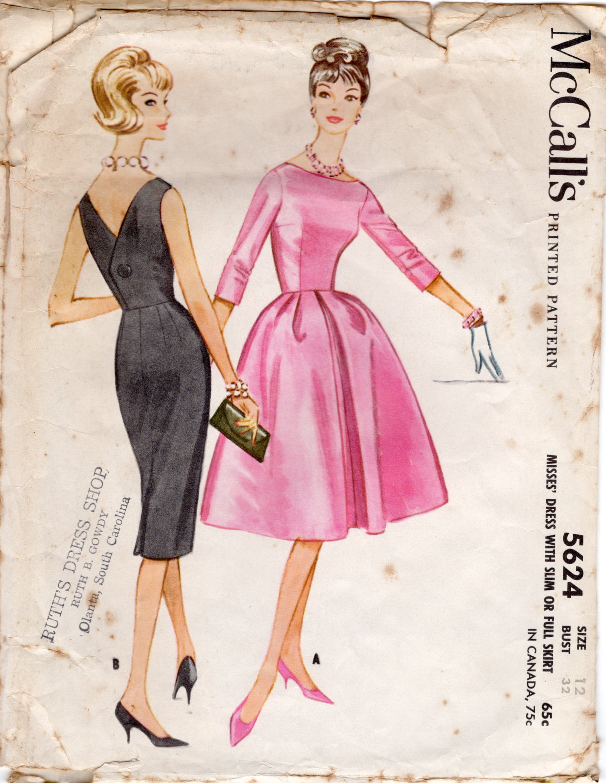 1960's McCall's Button Back Dress with Full or Slim Skirt Pattern - Bust 31" - No. 5624