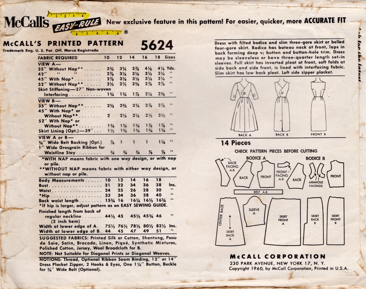 1960's McCall's Button Back Dress with Full or Slim Skirt Pattern - Bust 31" - No. 5624