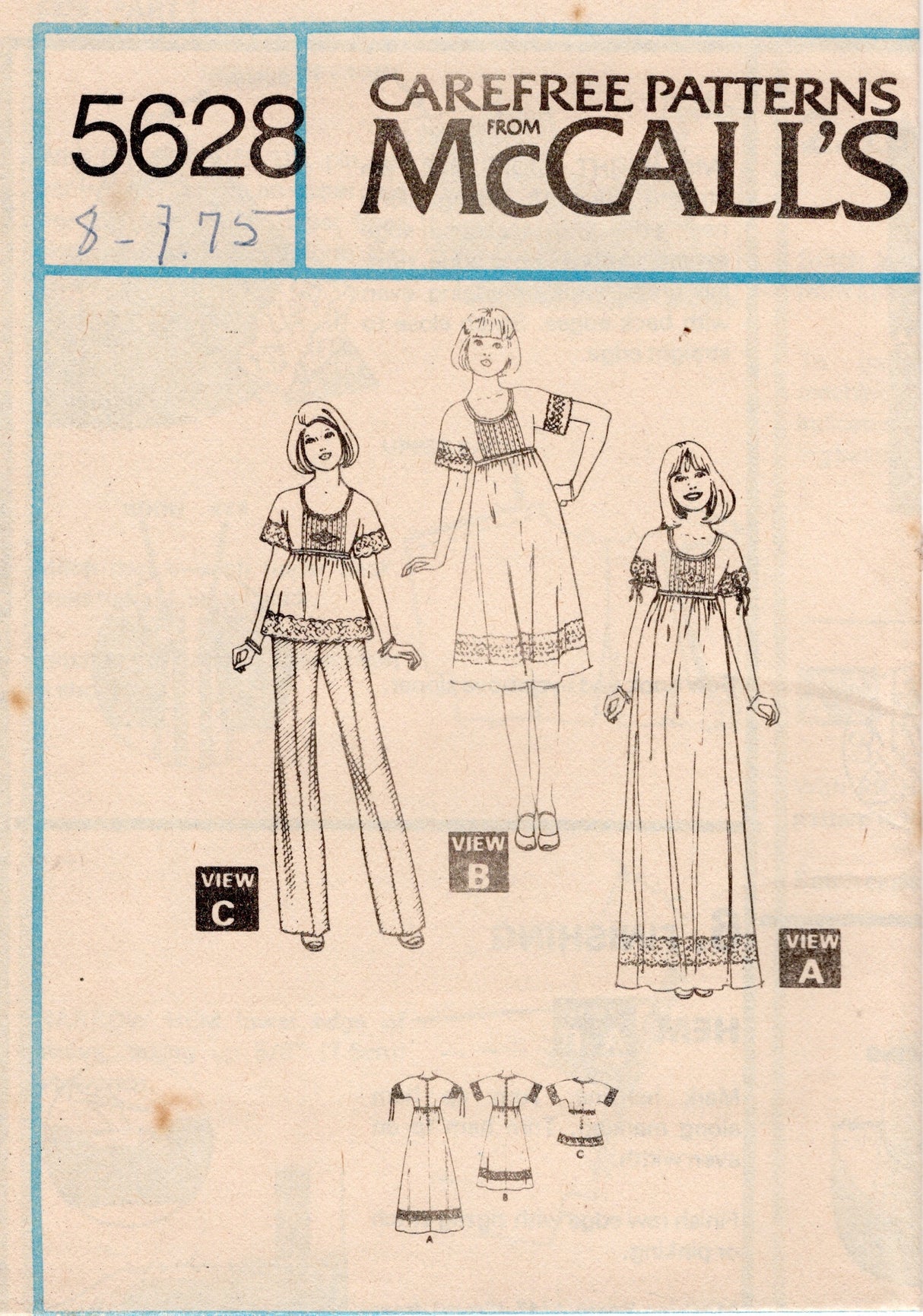 1970's McCall's Dress or Top with Empire Waist pattern - Bust 31.5-36" - no. 5628