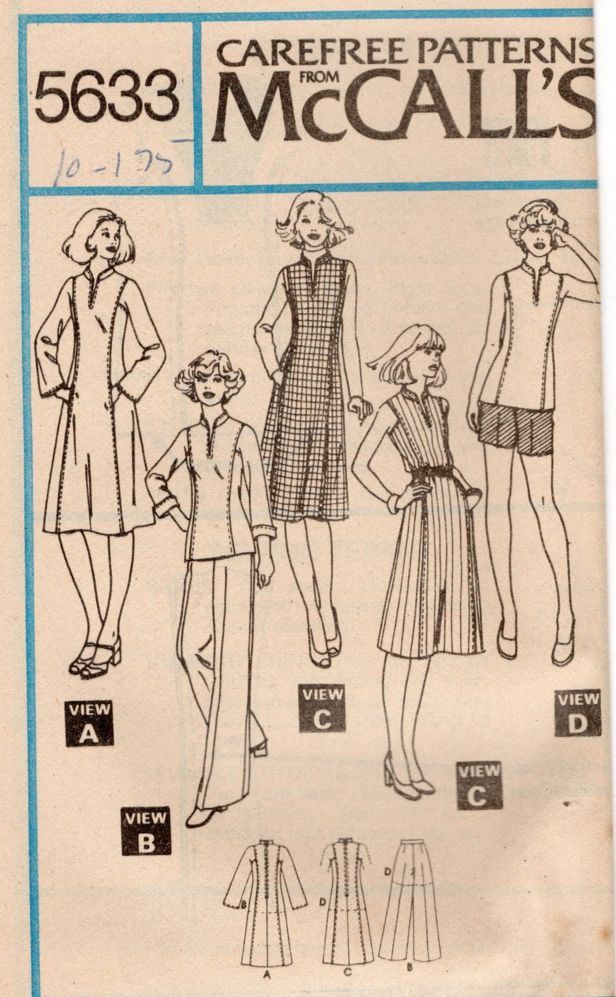 1970's McCall's Princess Line Dress or Tunic and Pants or Shorts Pattern  - Bust 32.5" - No. 5633