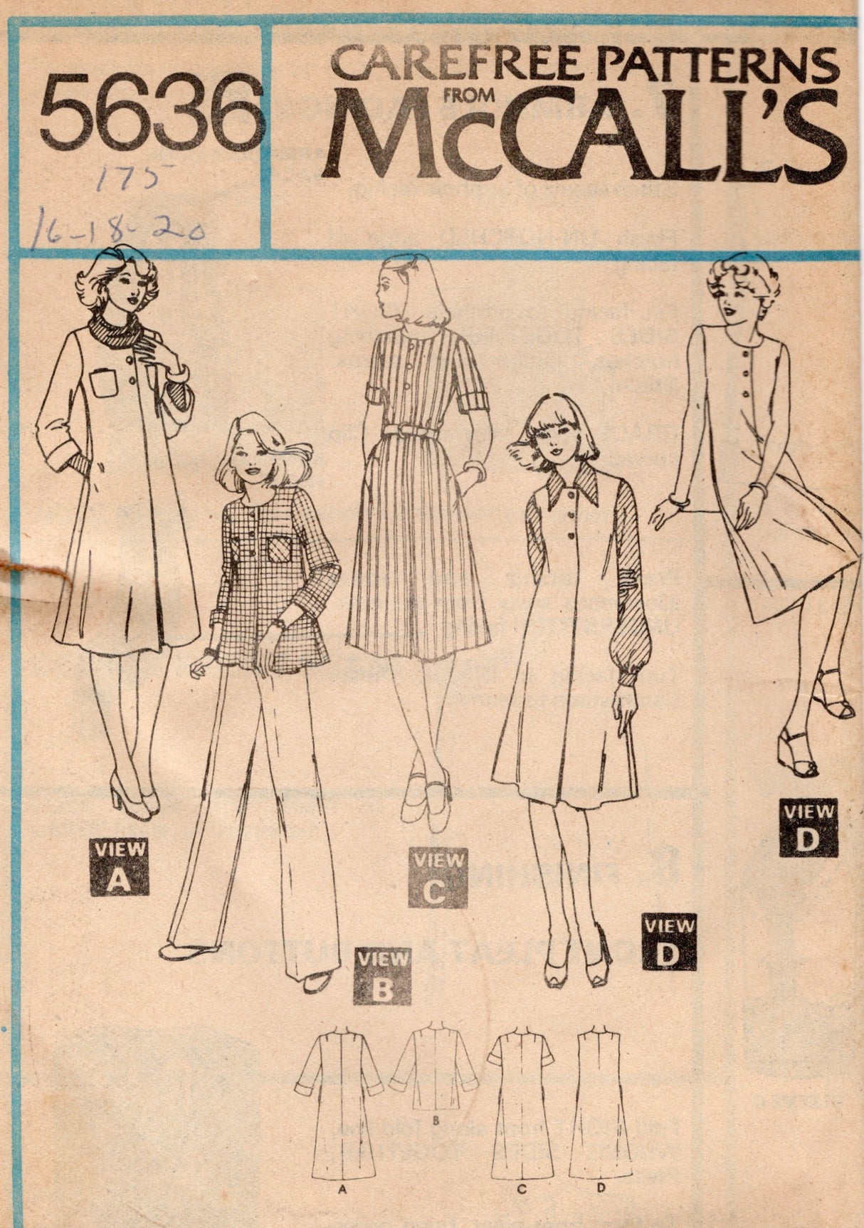 1970's McCall's Shirtwaist Dress or Top pattern - Bust 39-47" - no. 5636