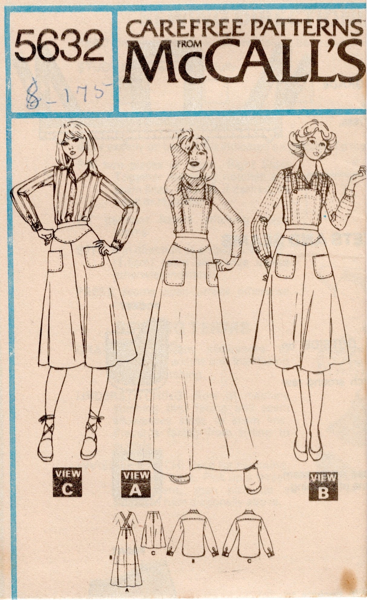 1970's McCall's Overalls or A-Line Yoked Skirt, and Shirt Pattern - Bust 32.5-36" - No. 5632