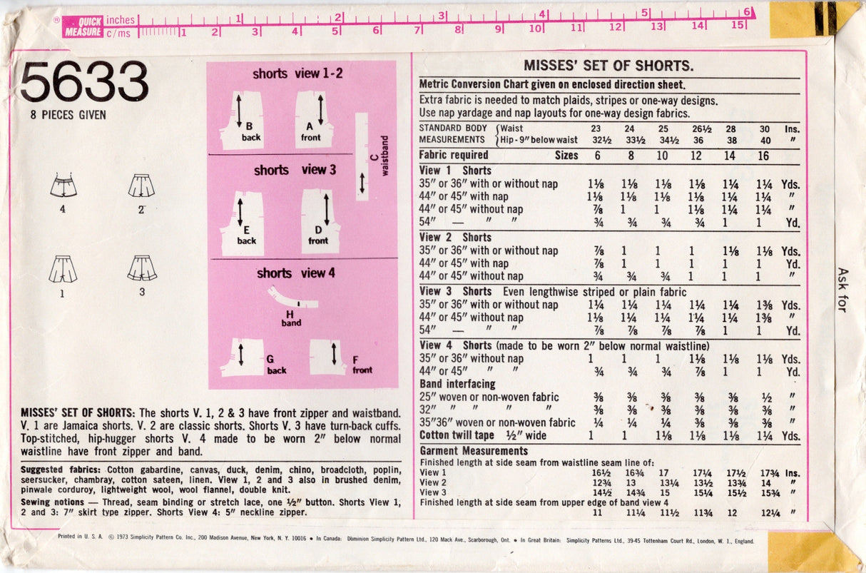 1970’s Simplicity Shorts Pattern - Waist 28" - No. 5633