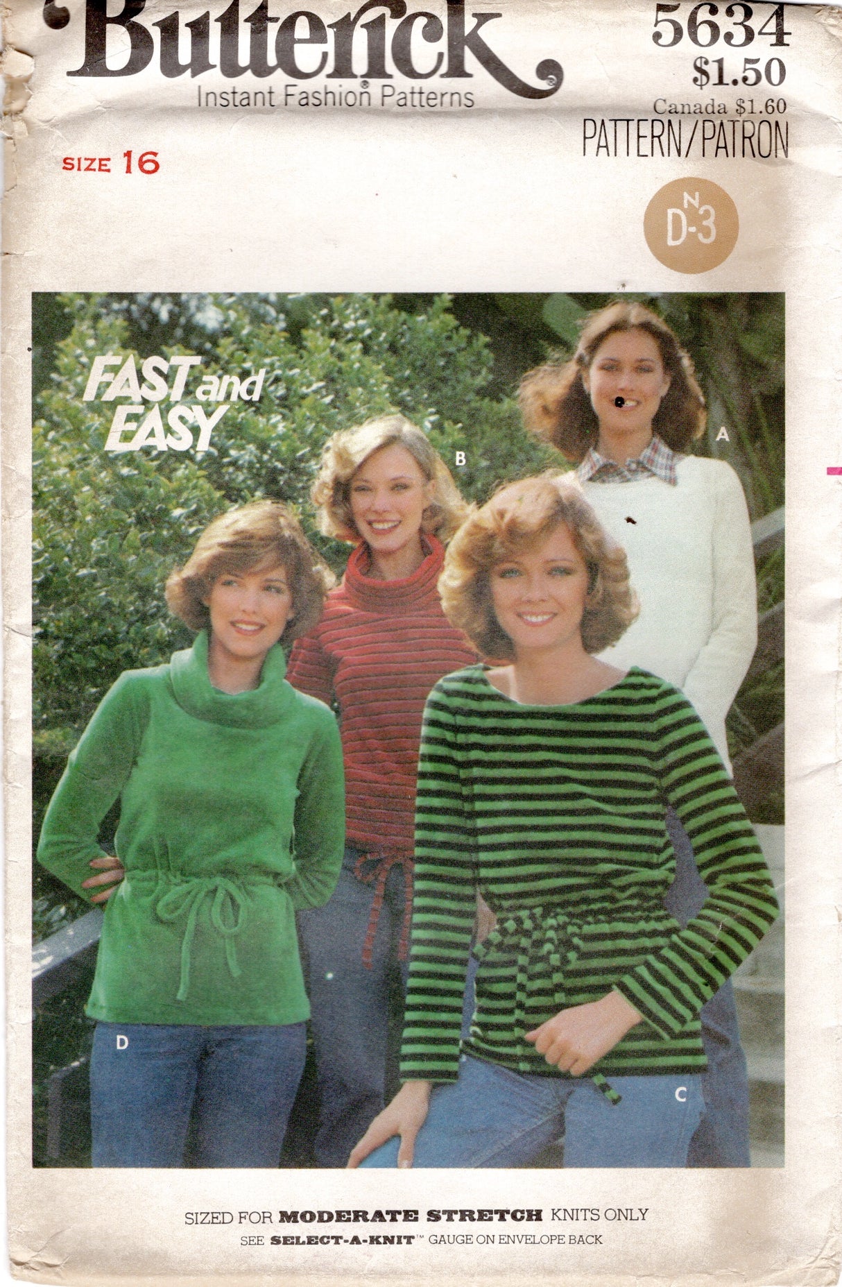 1970's Butterick Pullover Top with or without Drawstring Waist and Cowl Collar Pattern - Bust 38" - No. 5634