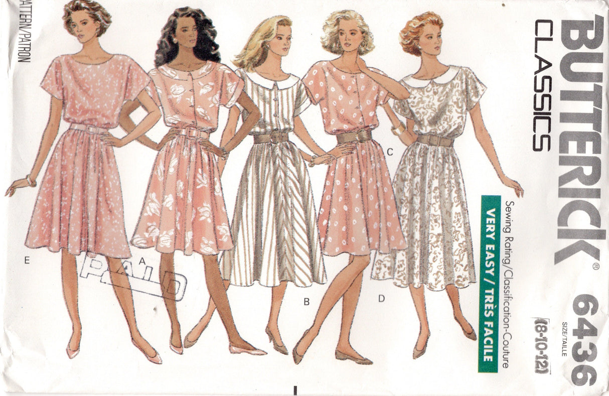 1980's Butterick Pullover Shirtwaist Dress Pattern - Bust 31.5-34" - No. 6436