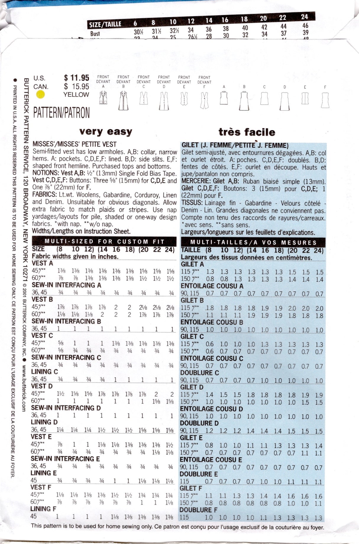 2000's Butterick Oversize Vest Pattern - Bust 31.5-34" - No. 5888