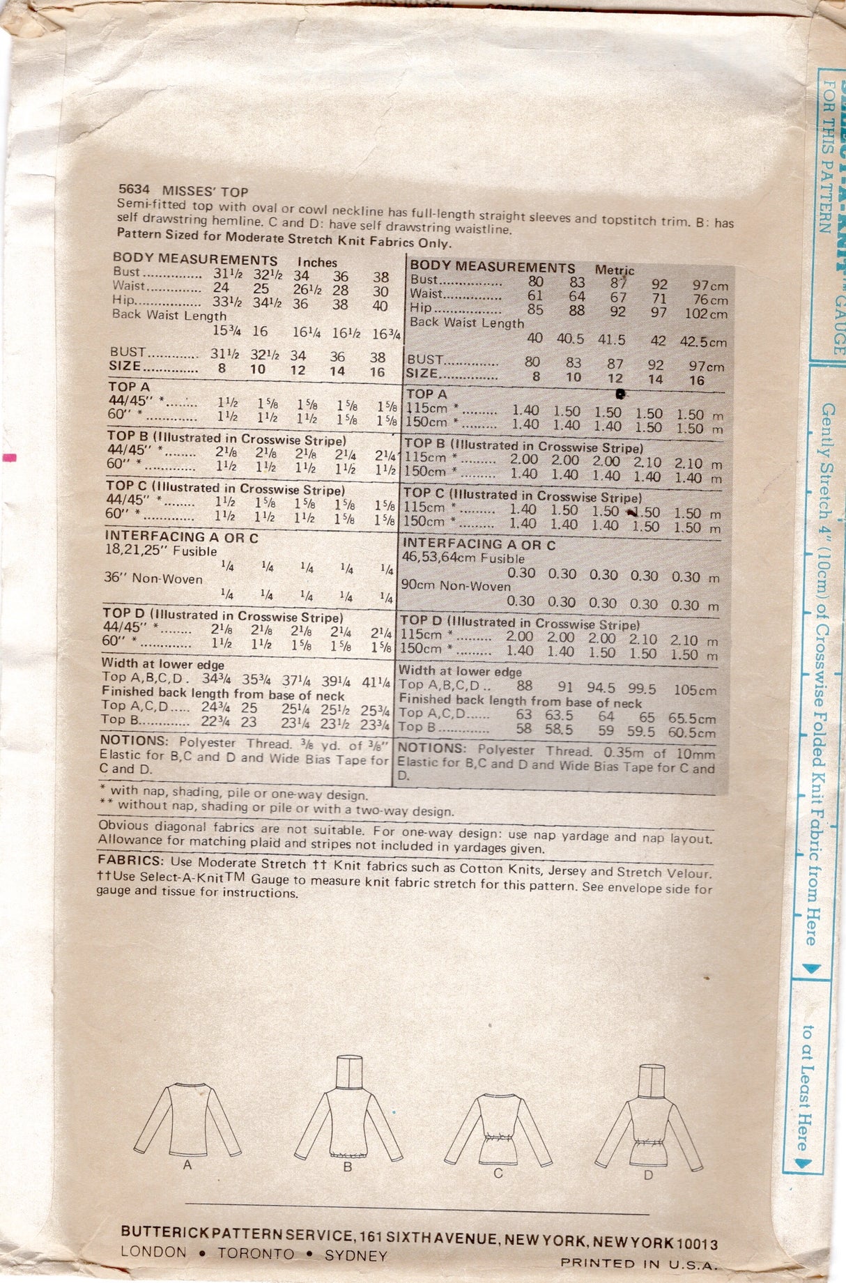 1970's Butterick Pullover Top with or without Drawstring Waist and Cowl Collar Pattern - Bust 38" - No. 5634