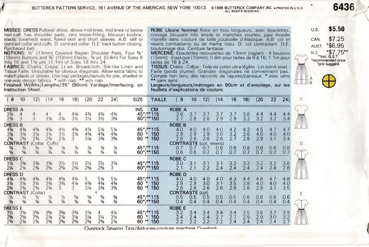 1980's Butterick Pullover Shirtwaist Dress Pattern - Bust 31.5-34" - No. 6436
